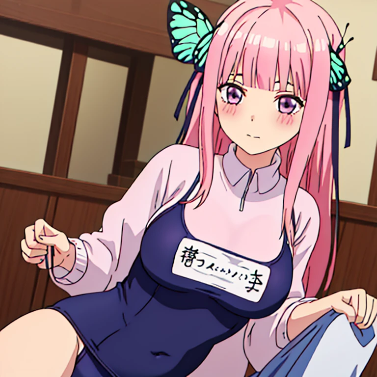best quality, very aesthetic, Super detailed, best illustration, 1girl, おっぱい, pink_hair, blunt_bangs, butterfly_hair_ornament, school swimsuit