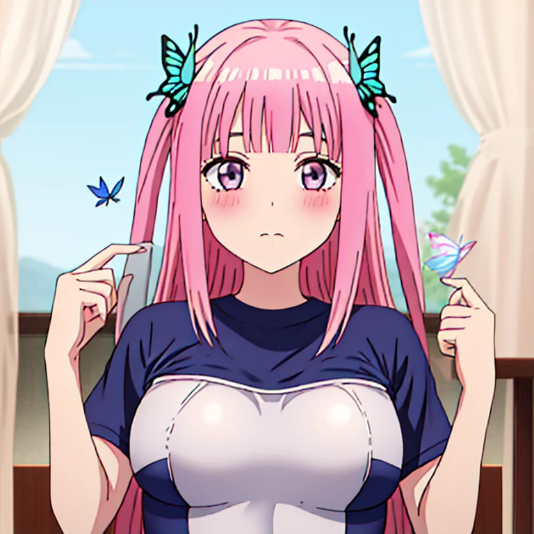 best quality, very aesthetic, Super detailed, best illustration, 1girl, おっぱい, pink_hair, blunt_bangs, butterfly_hair_ornament, school swimsuit