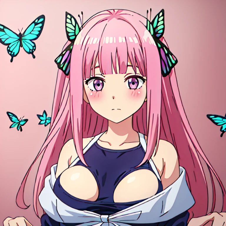 best quality, very aesthetic, Super detailed, best illustration, 1girl, おっぱい, pink_hair, blunt_bangs, butterfly_hair_ornament, school swimsuit