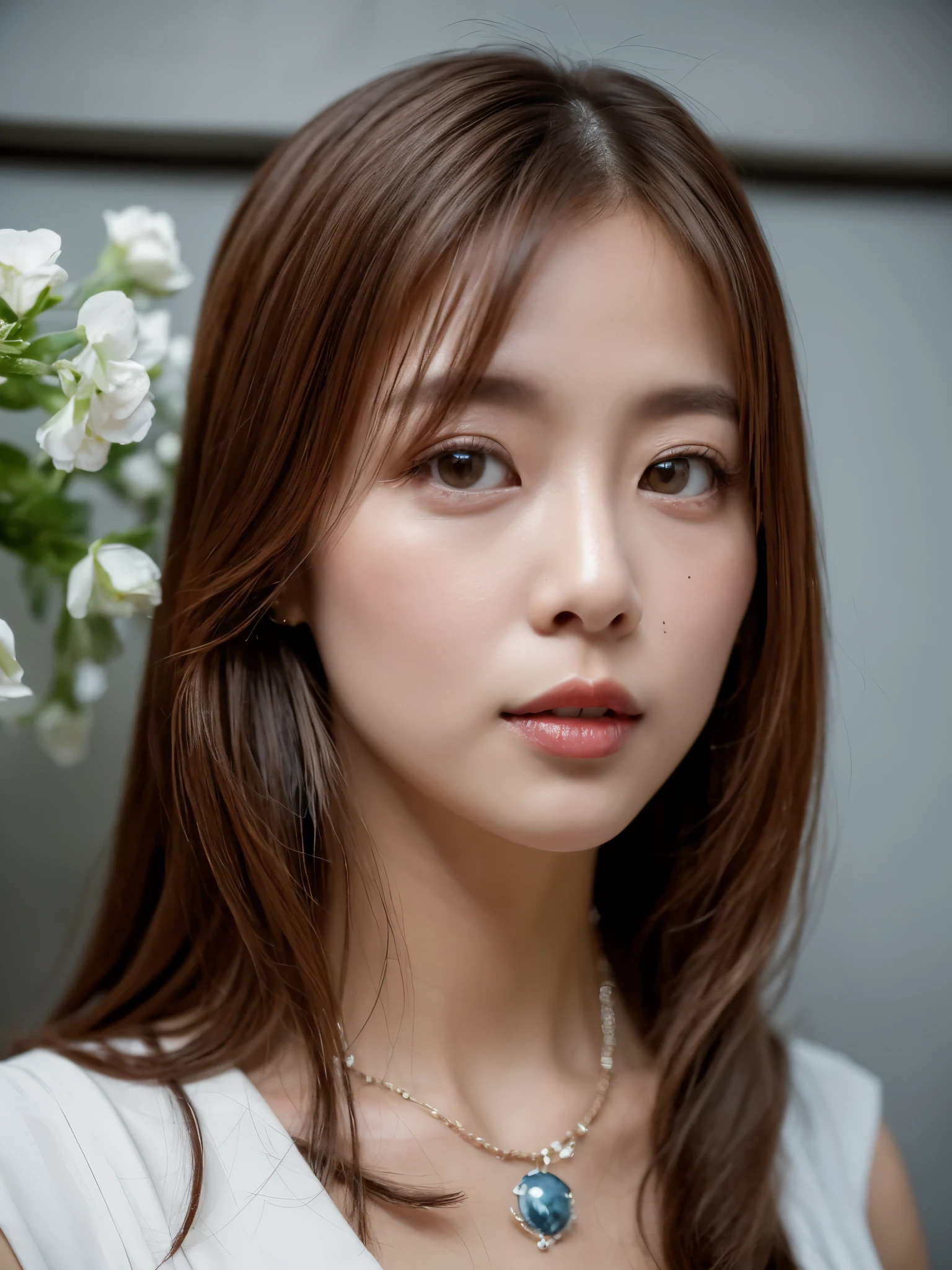(Best Quality Detail:1.2), realisitic, 8K UHD, high resolution, Fuji Film(Medium format), Hasselblad, Carl zeiss, Incredible dynamic range photography(UTIL_Art by Smoose-768:1.1), (1girl in:1.2), The ultra-detailliert, High quality textures, intricate detailes, detaileds, Very detailed CG, High quality shadows, Detail Beautiful delicate face, Detail Beautiful delicate eyes, depth of fields, Ray traching, 30 years old, Pretty Japanese Girl, Slender face, Glossy lips, glow eyes, perfect body, look at viewer, (Jewelry Accessories), (Eye color brown), (Bright red flower hair ornament), (White long hair), (Layered Hair Style), (Black Gothic ta), White flowers bloom all over the wall