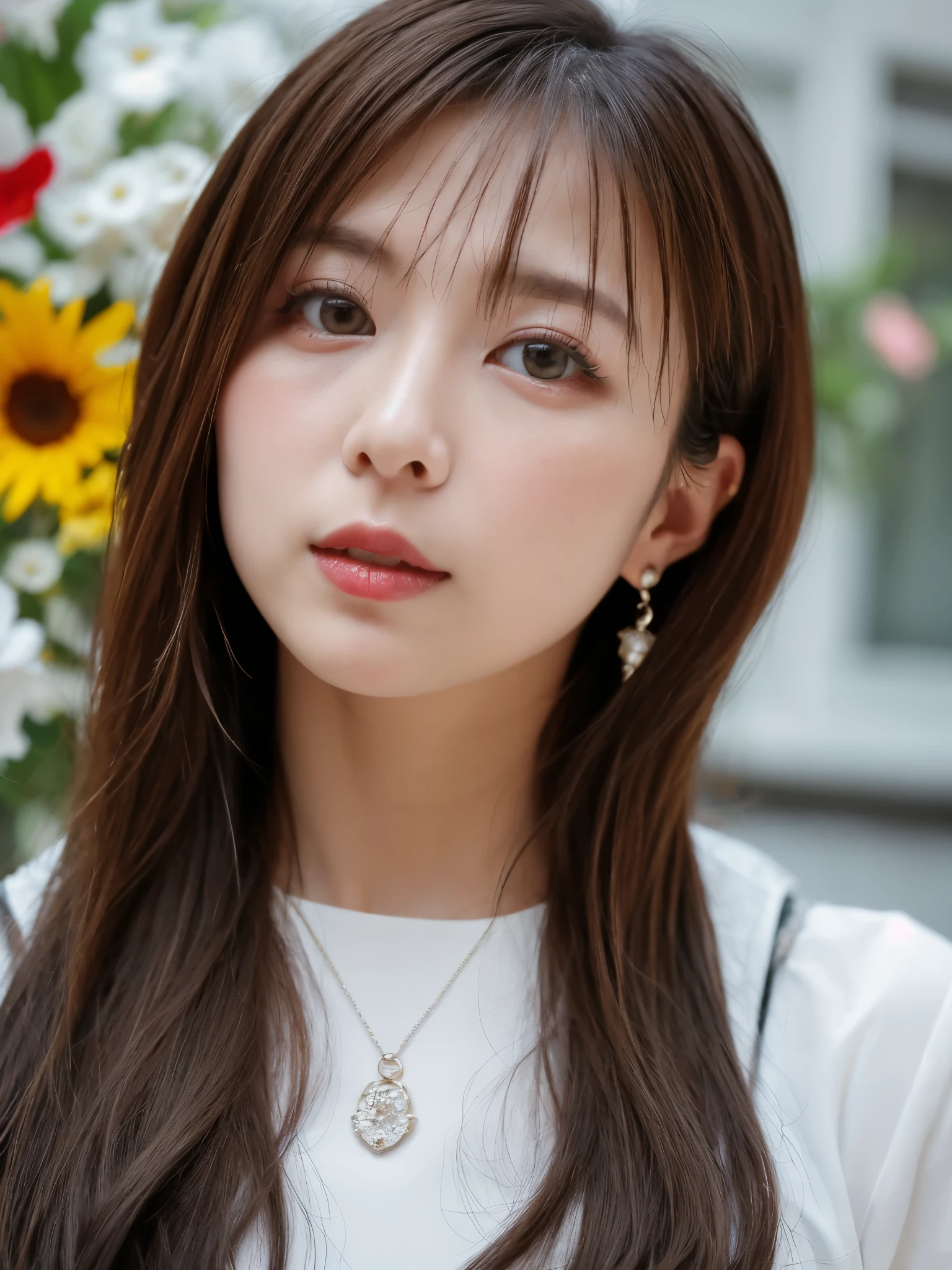 (Best Quality Detail:1.2), realisitic, 8K UHD, high resolution, Fuji Film(Medium format), Hasselblad, Carl zeiss, Incredible dynamic range photography(UTIL_Art by Smoose-768:1.1), (1girl in:1.2), The ultra-detailliert, High quality textures, intricate detailes, detaileds, Very detailed CG, High quality shadows, Detail Beautiful delicate face, Detail Beautiful delicate eyes, depth of fields, Ray traching, 30 years old, Pretty Japanese Girl, Slender face, Glossy lips, glow eyes, perfect body, look at viewer, (Jewelry Accessories), (Eye color brown), (Bright red flower hair ornament), (White long hair), (Layered Hair Style), (Black Gothic Lolita), White flowers bloom all over the wall