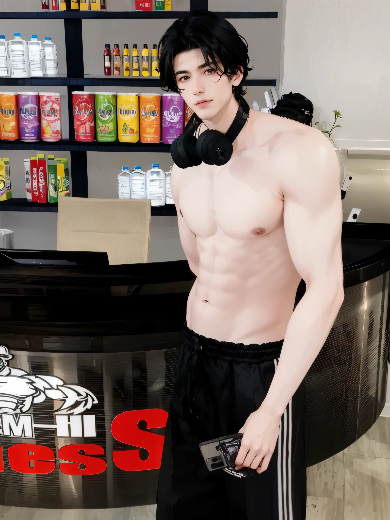 Hermosa piel brillante detallada, cuerpo detallado, hermoso cabello detallado, hombre con abdominales marcados y sudor