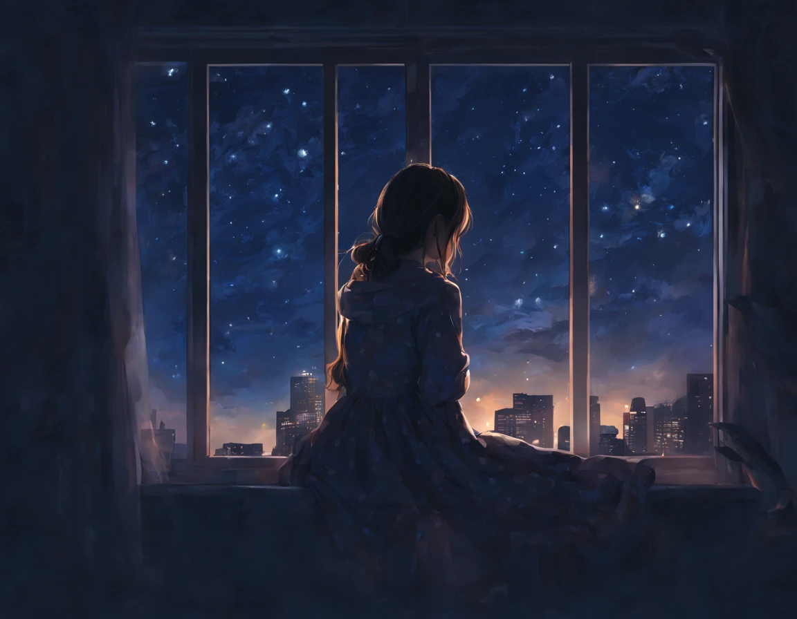 ((leaning against the window)) Back view of a pensive girl、looking at the night sky through the window