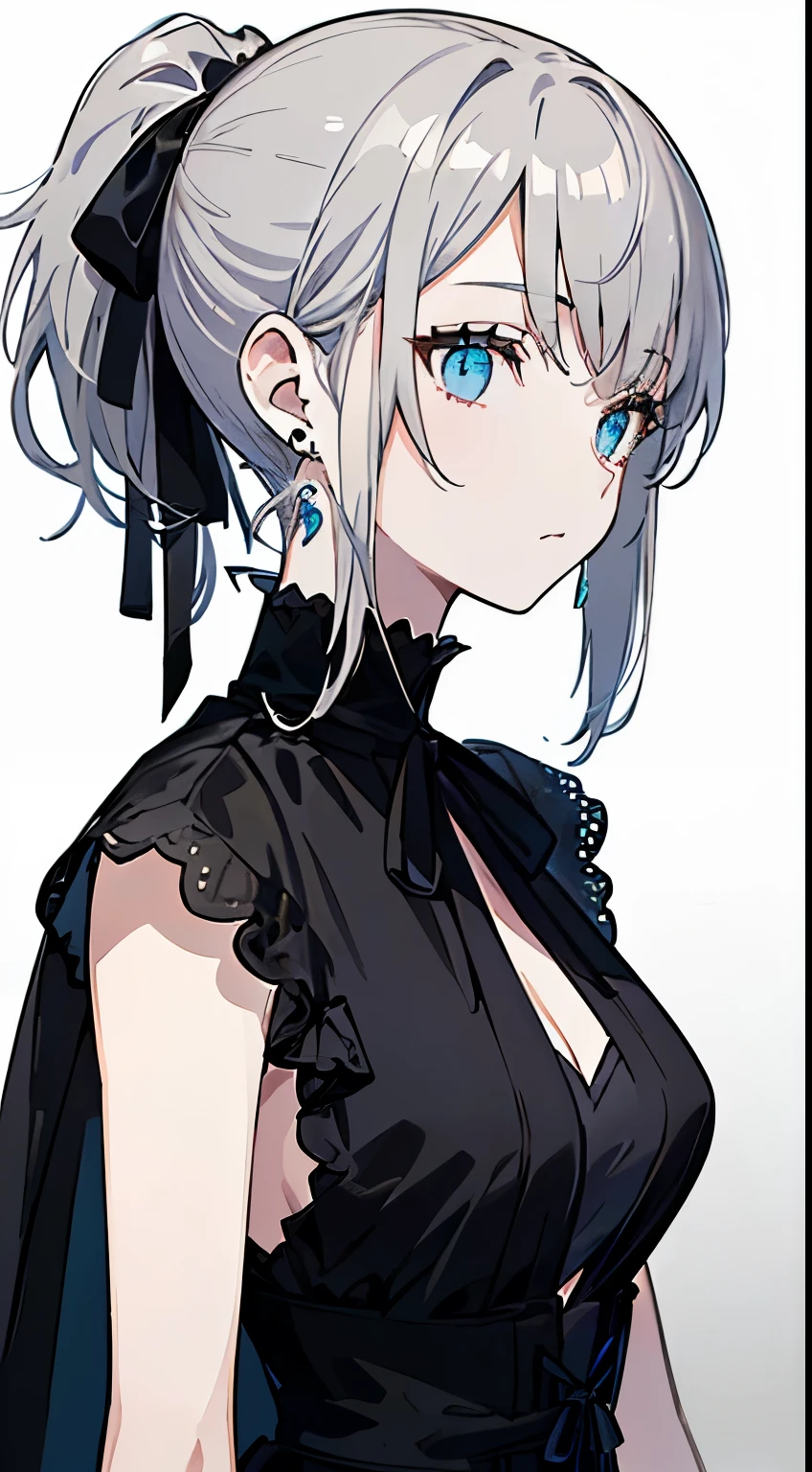 ((beautiful elegant girl)), blue big eyes, 1 petite and slender woman, slightly bigger breasts, ((Gray hair),((black ribbon ponytail hair,)),In 8K, top quality, (highly detailed head: 1.0), (very detailed face: 1.0), (highly detailed hair: 1.0),((Black costume)、jewelry earrings,Detailed official artwork, clean detailed anime art,(Expressionless)