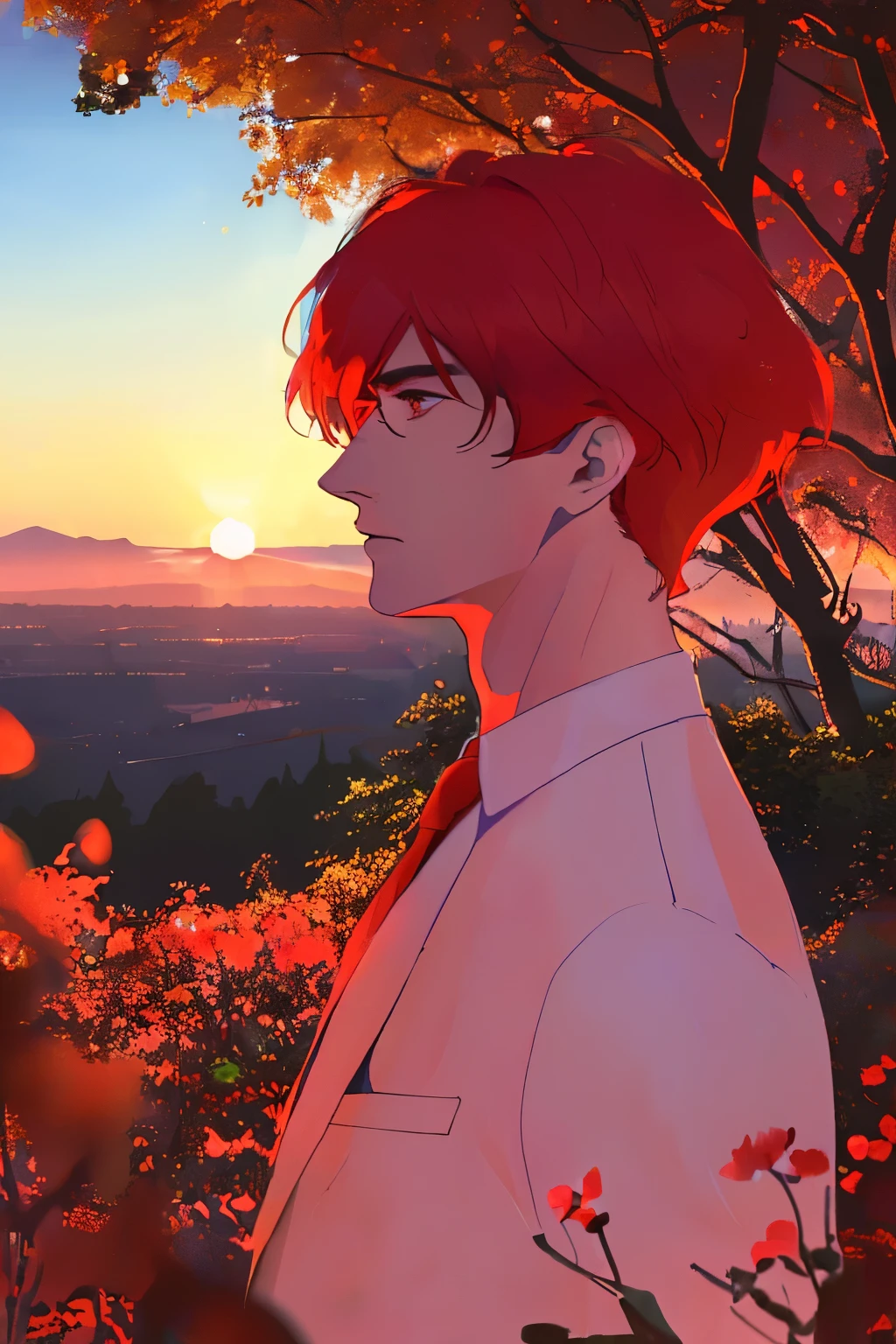 (((((1men, mafia men))))), ((best quality, masterpiece, extremely detailed, detailed background, anime, 1men, young men, red hair)), expressive face, mount fuji lansdscape, outdoors, sunset, landscape, scenery, horizon,  wind, flower petal, spring, looking away, atmospheric lighting, reflection, naturalistic, detail, realism. relaxation, beauty, solo focus, close up, from side, depth of field, bokeh, red forest, blood forest, xqc