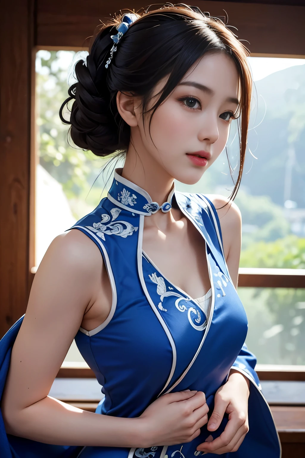 (Best Quality, 8K, Masterpiece: 1.3), (Ultra Real), (Illustration), (High Resolution), (8K), (Very Detailed), (Best Illustration), (Beautiful Detail Eyes), (Best Quality), (Ultra Detailed), (Masterpiece), (Wallpaper), (Detailed Face), Smile, Pure and Sweet, (Coiled Hair), Highly Detailed Face and Skin, Street Side, 1 Girl, Chunli, Chinese Style, Blue and White Porcelain High Split Cheongsam, Sexy Collarbone, Smooth Shoulders, Saturated Light, Edge Lighting, Backlight, Movies, full-body photos