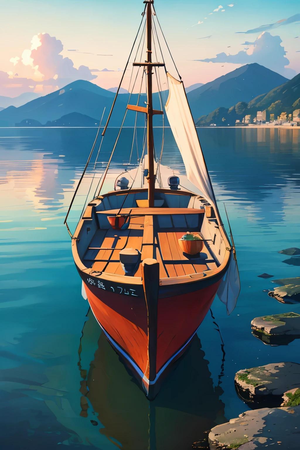 Masterpiece, serene landscape, tranquil bay, vibrant fishing boats anchored, reflections mirrored in still water, ultra-detailed, realistic, high resolution, sharp focus, depth of field, fine textures, sun setting, warm colors, gentle light, calm waves, realistic water ripples, crisp air, peaceful atmosphere.
A majestic scene of a tranquil bay unfolds before the eye, where colorful fishing boats gracefully rest, their hues perfectly reflected in the still, glassy water. The calmness of the scene is further emphasized by the sun setting over the horizon, casting warm, gentle hues over the landscape. Each boat, with its intricate details,