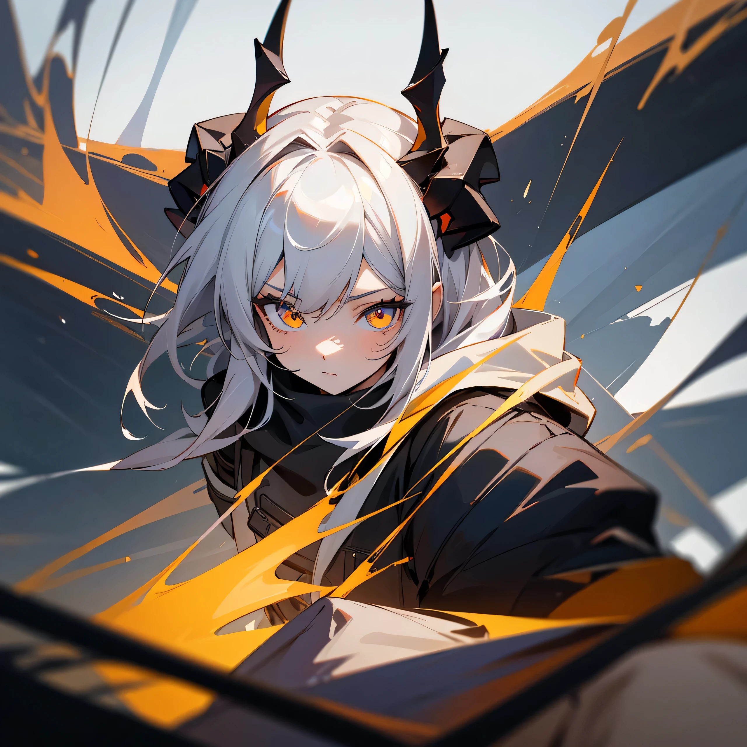 1girl, jacket, outdoor, hoodie, open jacket, chain,cute, kawai, looking at another, trending on artstation, 8k resolution, highly detailed, anatomically correct, sharp image, digital painting, concept art, trending on pixiv, soft femenine colors ,yellow, monocromatic colors, black and white, attractive aspect, hot look, arknights looks, arknights anime, devil horns, detailed anime eyes
