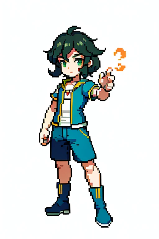 (masterpiece, highest quality, highest quality), pixel, pixel art, 1 boy, whole body, curly hair, wavy hair, Dark hair, green eyes、pokemon trainer、holding a ball in your hand、Posing、boots、Adult man、short hair、