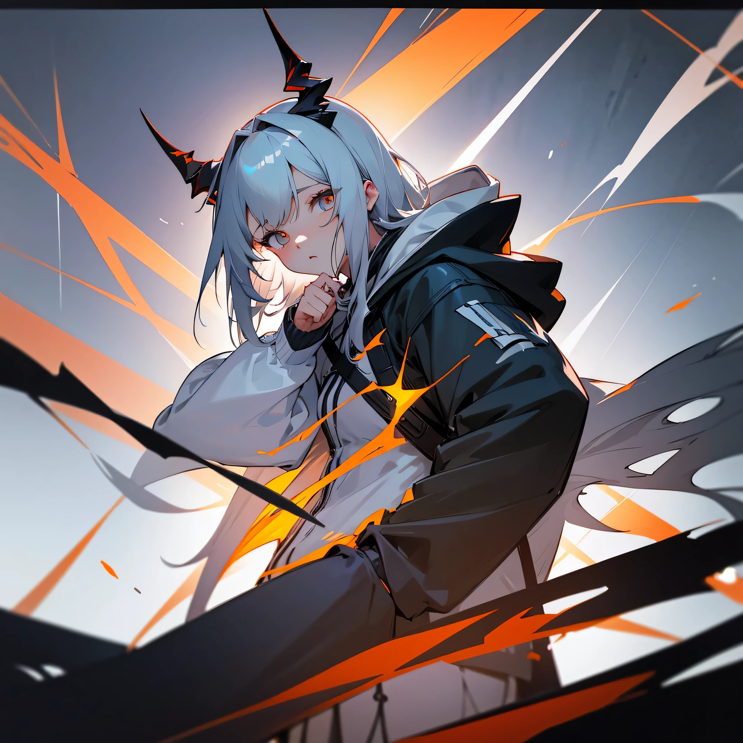 1girl, jacket, outdoor, hoodie, open jacket, chain,cute, kawai, looking at another, trending on artstation, 8k resolution, highly detailed, anatomically correct, sharp image, digital painting, concept art, trending on pixiv, soft femenine colors ,yellow, monocromatic colors, black and white, attractive aspect, hot look, arknights looks, arknights anime, devil horns, detailed anime eyes