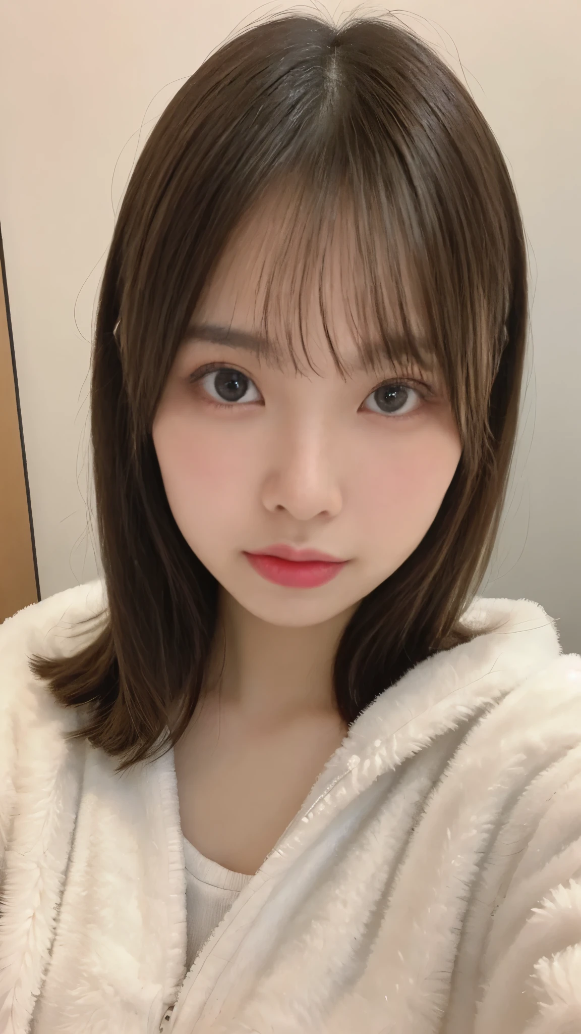 table top, highest quality, figure, super detailed, finely, High resolution, 8k wallpaper, 完璧なダイナミックな構figure, beautiful and fine eyes, woman's fashion fluffy winter clothes,medium hair,small breasts natural color lip, bold sexy pose、20 year old girl、cute、sexy shot looking at camera,RAW photo,anatomically correct body,blur the background,perfect and beautiful face,KPOP idol face,Slim face and body