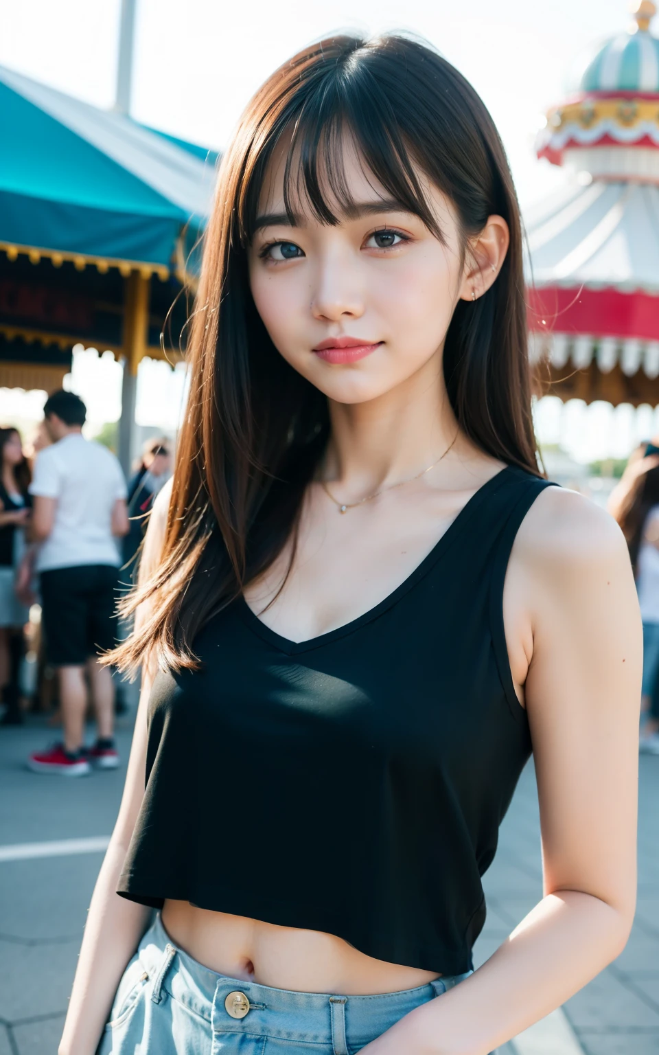 masterpiece, highest quality, 8K, 1 girl, good hand, 14, lively, Active, Life Force, Luminescent, look away, RAW photo, f/1.8, 135mm, nikon, anatomically correct, Bokeh,rough skin, professional photography, portrait, soft light, professional lighting, alone, (smile), cute, girly, film grain, (Eye and face details:1.0), 8k wallpaper, bangs, Tank top, pants, amusement park