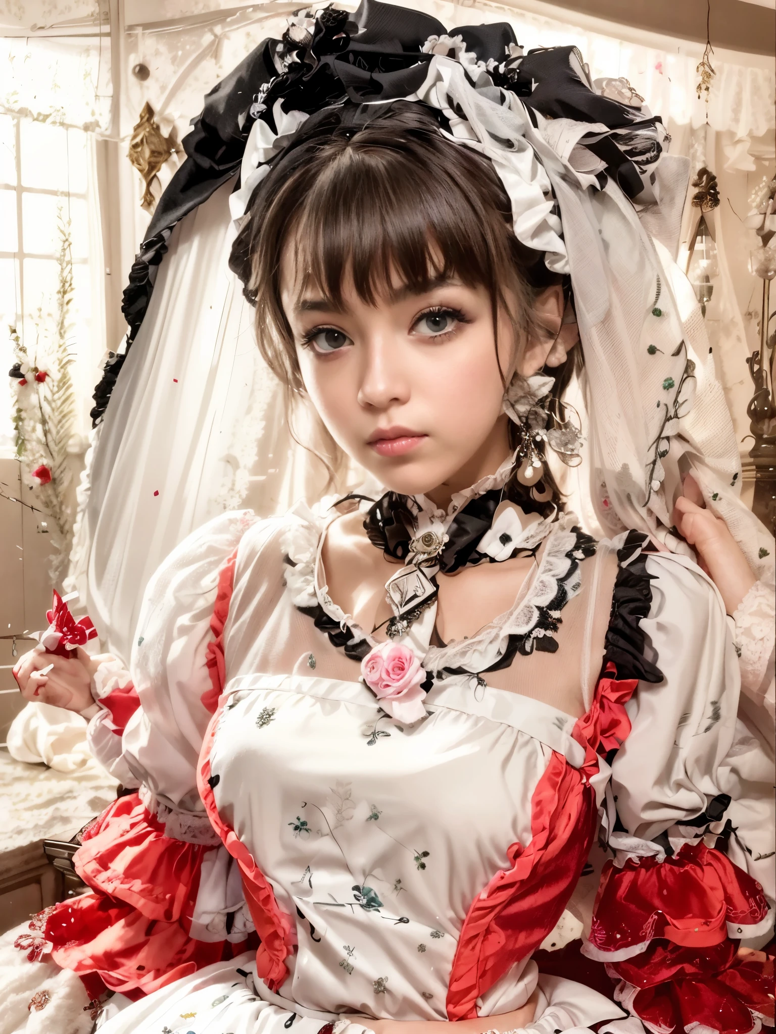 There is a woman in a pink dress and a white veil, magical lolita girl portrait, rococo cyberpunk, Portrait of a radical lolita girl, sakimichan frank franzzeta, cute realistic portrait, Guviz style artwork, magical girl portrait, lolita portrait, cosplay of a catboy! maid! dress, change