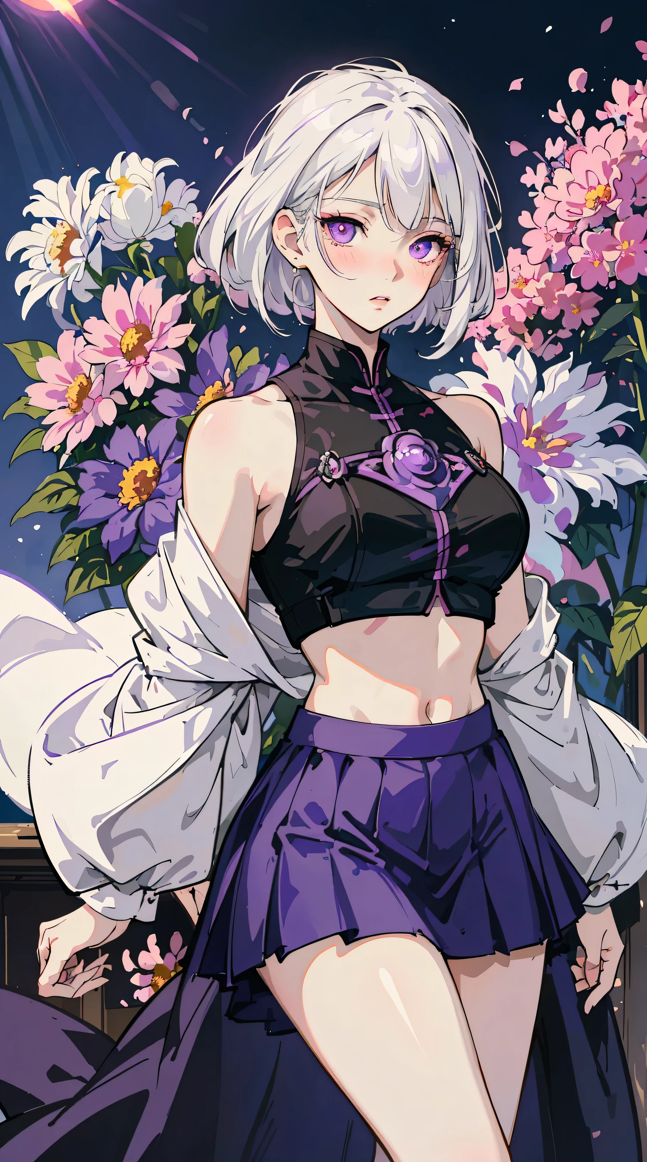 (anime,masterpiece, top quality, best quality,1woman white hair, purple eyes, glowing eyes, crop top, skirt, parted lips, blush, night, flowers, sun, sunlight,