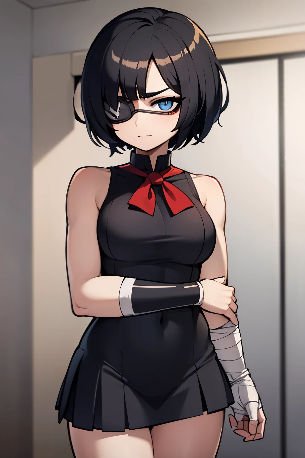 Obra maestra, la mejor calidad, alta_Resolucion, Anime style image of a girl with short black hair, she has an eyepatch covering her left eye, she is muscular, and her right arm is wrapped in white bandages and she wears a schoolgirl uniform. Her arm is bandaged.