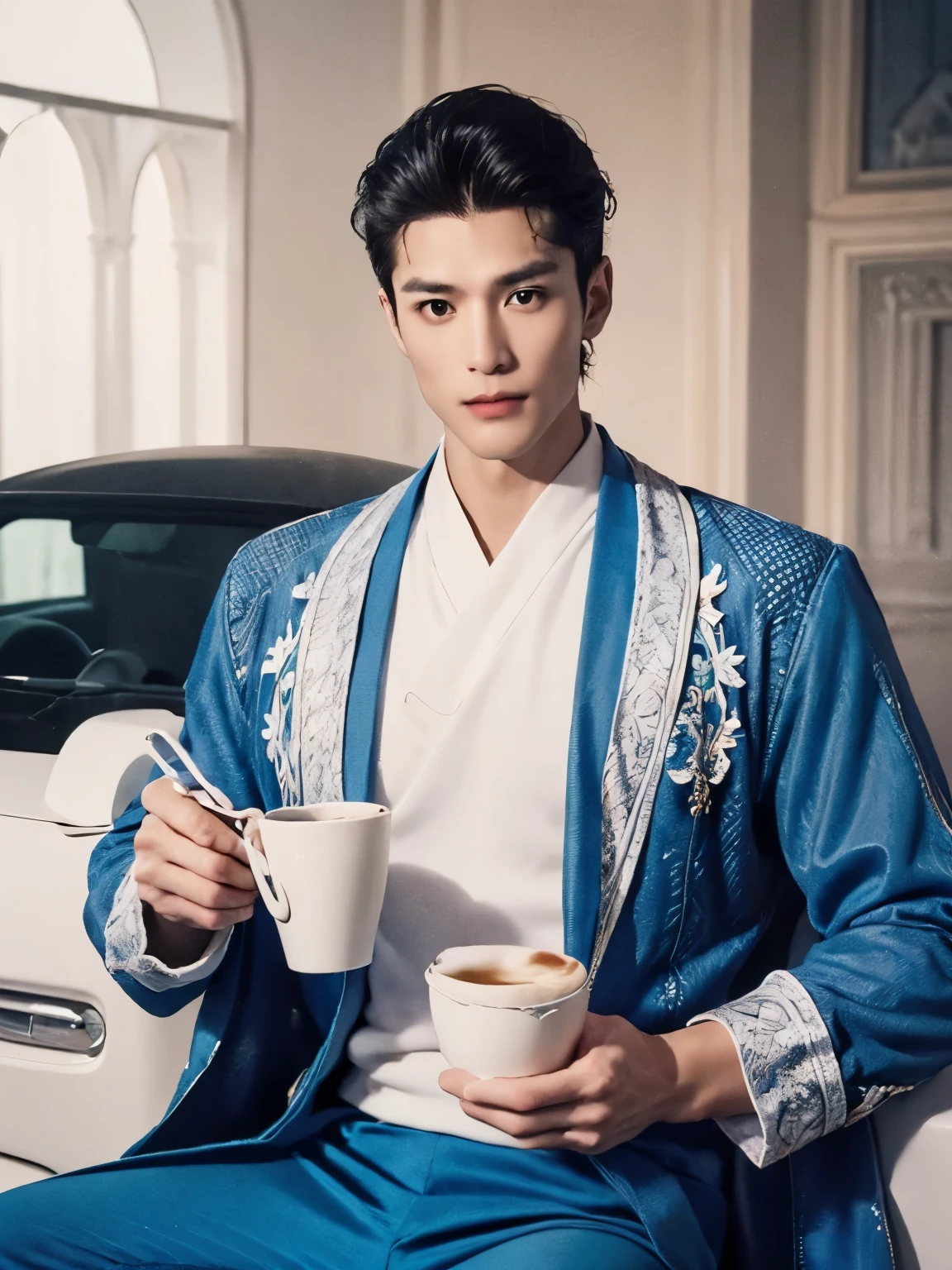  (male character design），（Messy white flying long hair：1.2）, （Affectionately smiling Chinese handsome man Lan Ling is looking at the camera while holding a cup of milk tea），（Pan An’s outfits for modern and fashionable men&#39;s blue sweater suit pants：1.37），Pan An’s skin is fair and flawless，The bridge of his nose is high and straight，(long,Messy shawl hair：1.1），（double eyelids, Bright Eyes, Big clear and bright eyes），sad prince，Food with red lips and white teeth，gentle melancholy，Pan An is tall and tall.，He has a strong physique，Toned muscles，Fresh and toned abs, His exquisite facial features，Kingly style， （Main color blue：0.8）