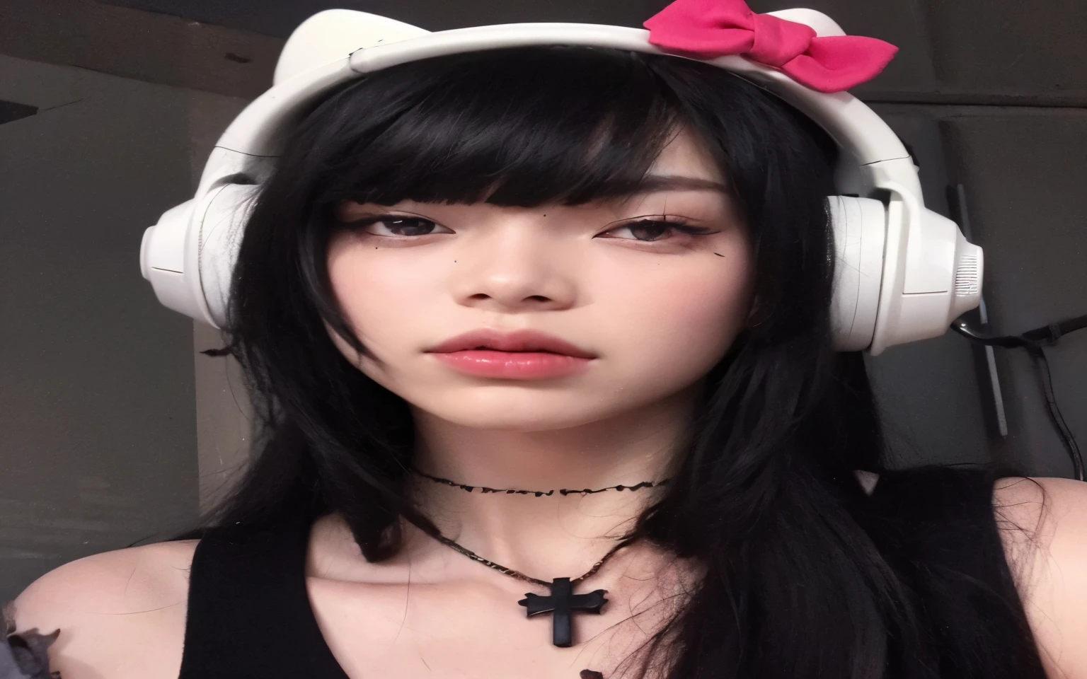 arafed woman con auriculares and a necklace with a bow, cruel korean gothic girl, ella tiene el pelo negro con flequillo, pelo negro y flequillo blanco, bella delfina, cabello con flequillo negro, con auriculares, ulzzang, flequillo blancopelo negro, con auriculares, con auriculares negros, chica anime en la vida real, pelo cortado hime negro, kim jennie de blackpink, jennie, jennie de black pink, jennie negro rosa