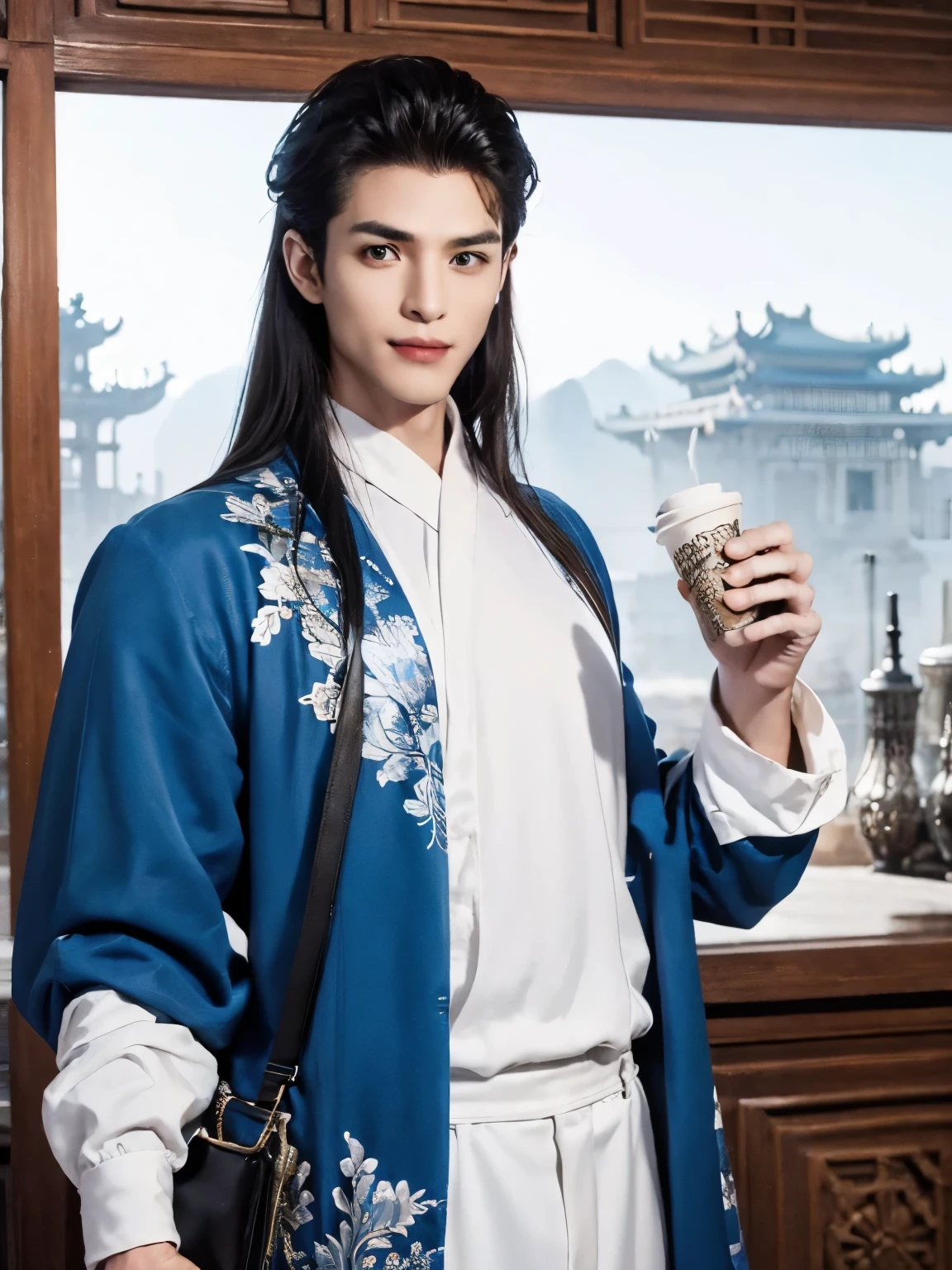  (male character design），（Messy white flying long hair：1.2）, （Affectionately smiling Chinese handsome man Lan Ling is looking at the camera while holding a cup of milk tea），（Pan An’s outfits for modern and fashionable men&#39;s blue sweater suit pants：1.37），Pan An’s skin is fair and flawless，The bridge of his nose is high and straight，(long,Messy shawl hair：1.1），（double eyelids, Bright Eyes, Big clear and bright eyes），sad prince，Food with red lips and white teeth，gentle melancholy，Pan An is tall and tall.，He has a strong physique，Toned muscles，Fresh and toned abs, His exquisite facial features，Kingly style， （Main color blue：0.8）