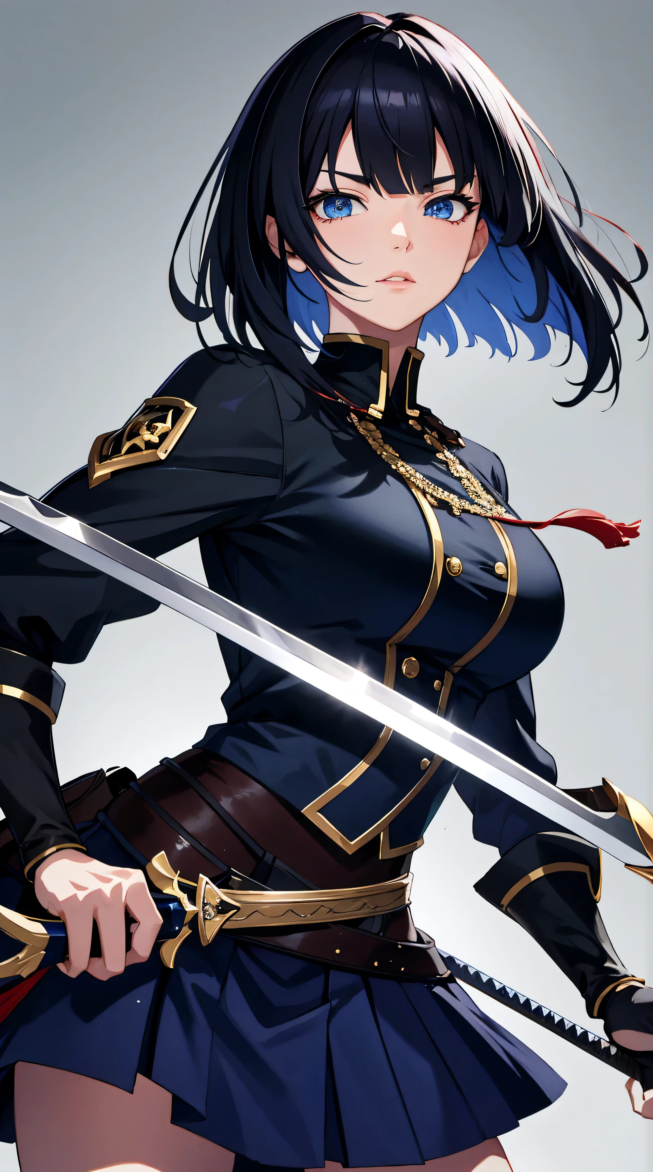 (masterpiece), (best quality), (4K) , (ultra resolution), (Super detailed), 1 anime girl, blunt bangs hair, black hair, short hair, swordswoman, holding karambit, emotionless, blue eyes, lips,