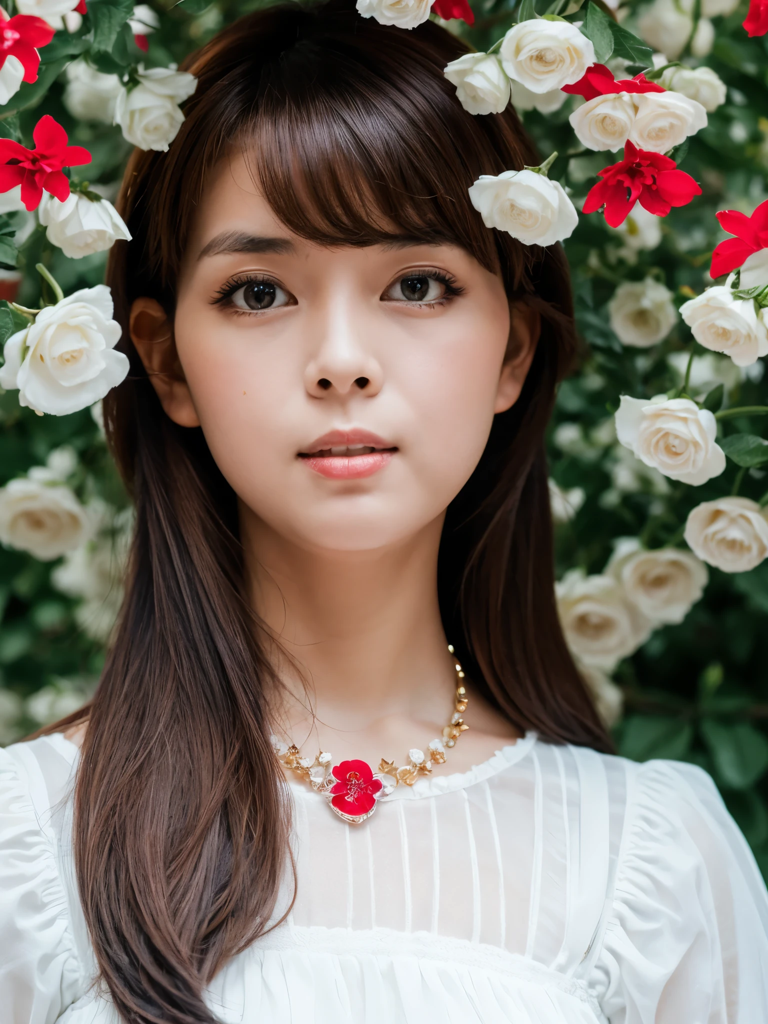 (Best Quality Detail:1.2), realisitic, 8K UHD, high resolution, Fuji Film(Medium format), Hasselblad, Carl zeiss, Incredible dynamic range photography(UTIL_Art by Smoose-768:1.1), (1girl in:1.2), The ultra-detailliert, High quality textures, intricate detailes, detaileds, Very detailed CG, High quality shadows, Detail Beautiful delicate face, Detail Beautiful delicate eyes, depth of fields, Ray traching, 30 years old, Pretty Japanese Girl, Slender face, Glossy lips, glow eyes, perfect body, look at viewer, (Jewelry Accessories), (Eye color brown), (Bright red flower hair ornament), (White long hair), (Layered Hair Style), (Black Gothic ta), White flowers bloom all over the wall