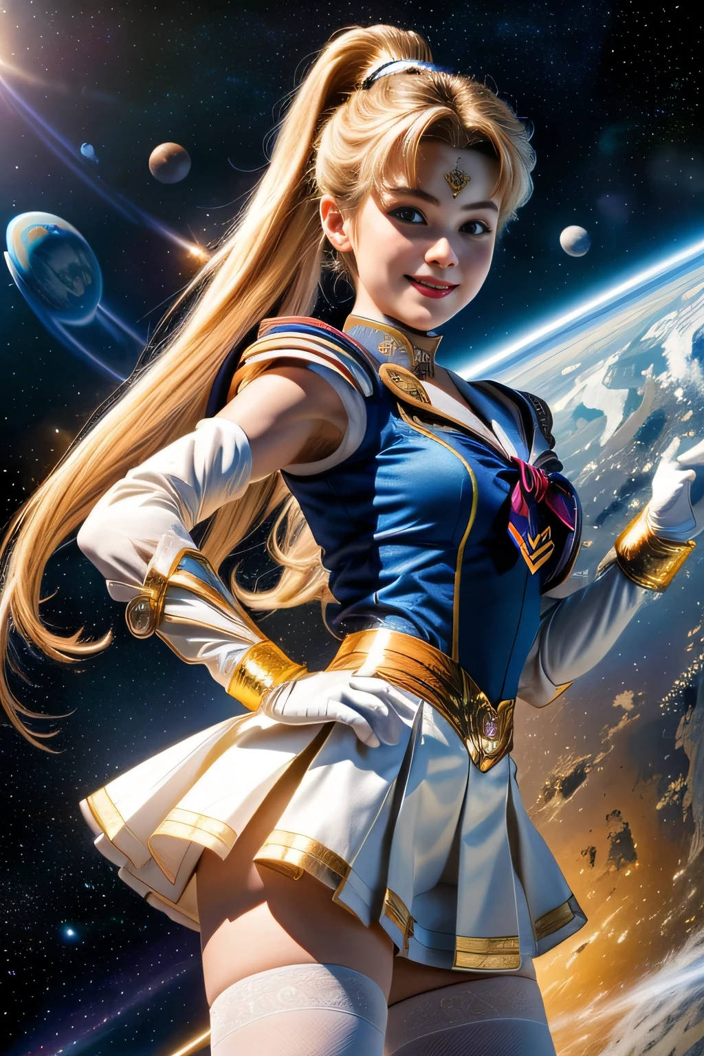 (portrait), (Highly detailed CG Unity 8K wallpaper, masterpiece, 最high quality), (exquisite light and shadow, Very dramatic pictures, cinematic lens effects), (sailor moon), delicate features, plump body, double ponytail, blue eyes, long blonde hair, tight top, white gloves, mini skirt, black stockings, dynamic pose), ((The background is space)), (excellent details, excellent lighting, wide angle), (Excellent rendering is、Enough to stand out in class), pieces fly, 最high quality, Super detailed, masterpiece, 最high quality, high quality, High resolution、unparalleled beauty、((Complex and colorful costumes))、Mr.々movement pose、smile、