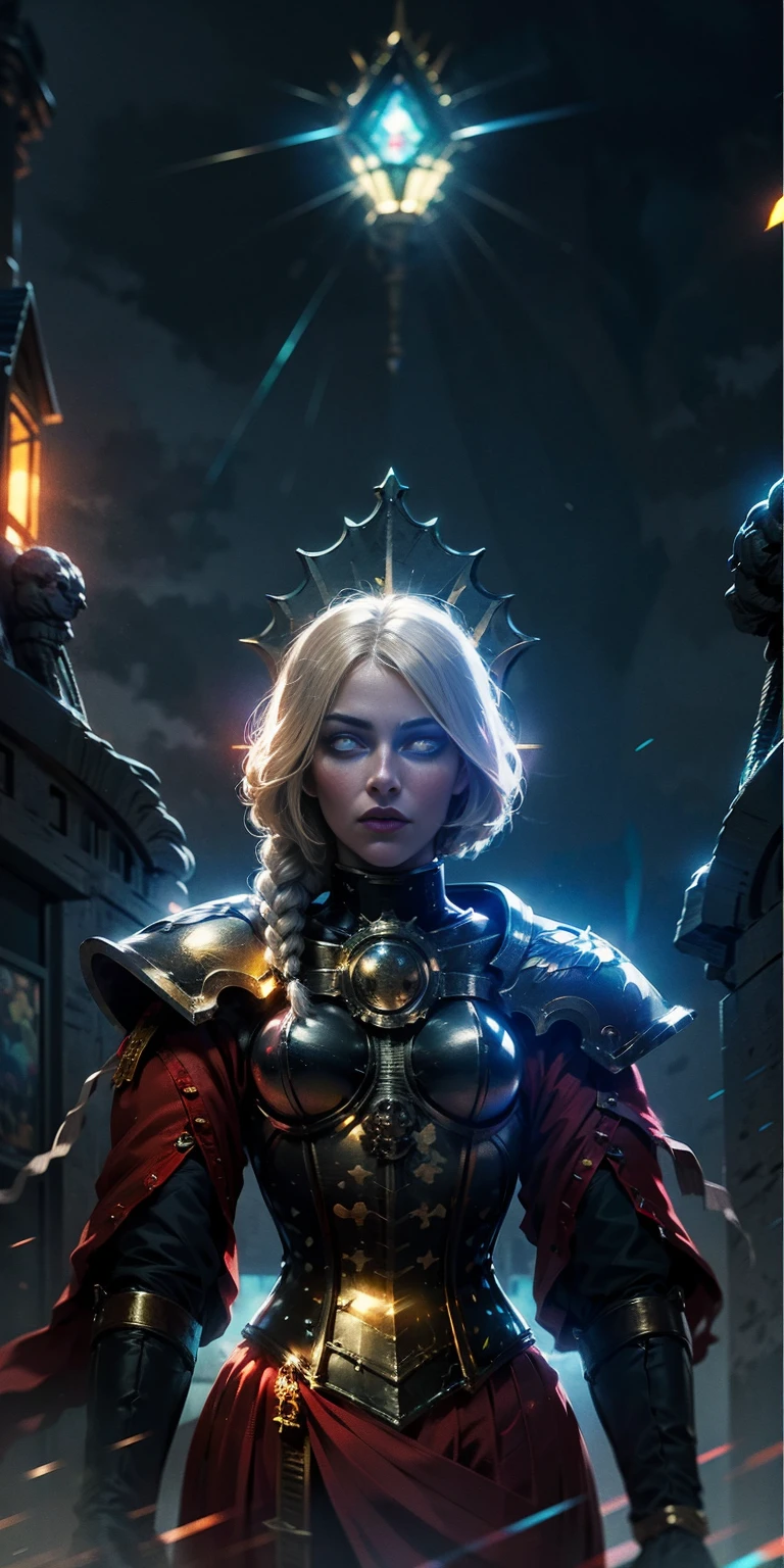 upper body of paladin lady in ornate golden armor, black collar, pauldrons, breastplate, corset, glowing halo, single braid, blonde, yellow glowing eyes, bright pupils, eye focus, red cape, temple indoors, stained glass windows, night, moonlight, particles, light beam, chromatic aberration
