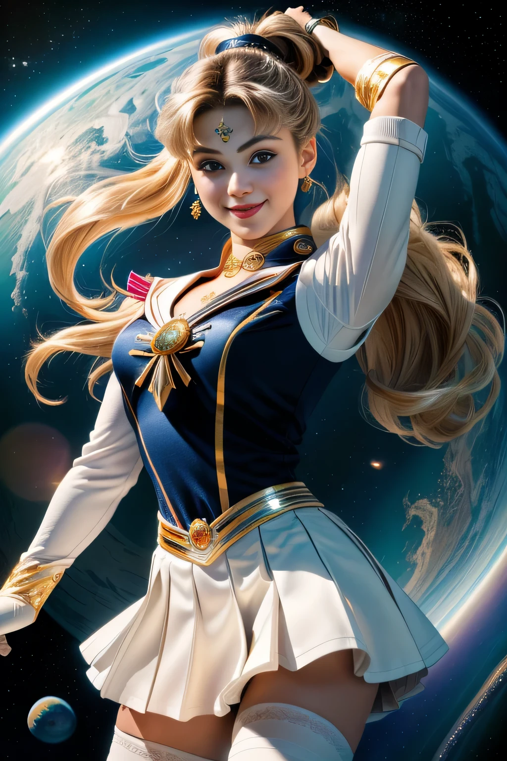 (portrait), (Highly detailed CG Unity 8K wallpaper, masterpiece, 最high quality), (exquisite light and shadow, Very dramatic pictures, cinematic lens effects), (sailor moon), delicate features, plump body, double ponytail, blue eyes, long blonde hair, tight top, white gloves, mini skirt, black stockings, dynamic pose), ((The background is space)), (excellent details, excellent lighting, wide angle), (Excellent rendering is、Enough to stand out in class), pieces fly, 最high quality, Super detailed, masterpiece, 最high quality, high quality, High resolution、unparalleled beauty、((Complex and colorful costumes))、Mr.々movement pose、smile、