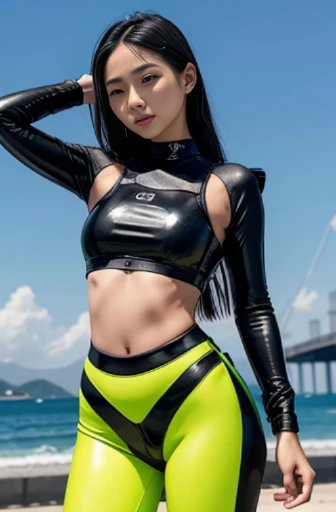 a woman in a wet suit posing for a picture, inspired by Leng Mei, wearing a sexy cropped top, 🕹️ 😎 🚬, korean girl, model is wearing techtical vest, latex outfits, 🤬 🤮 💕 🎀, official, 2 0 2 2, croptop, trending on cgisociety, officer, hot with shining sun