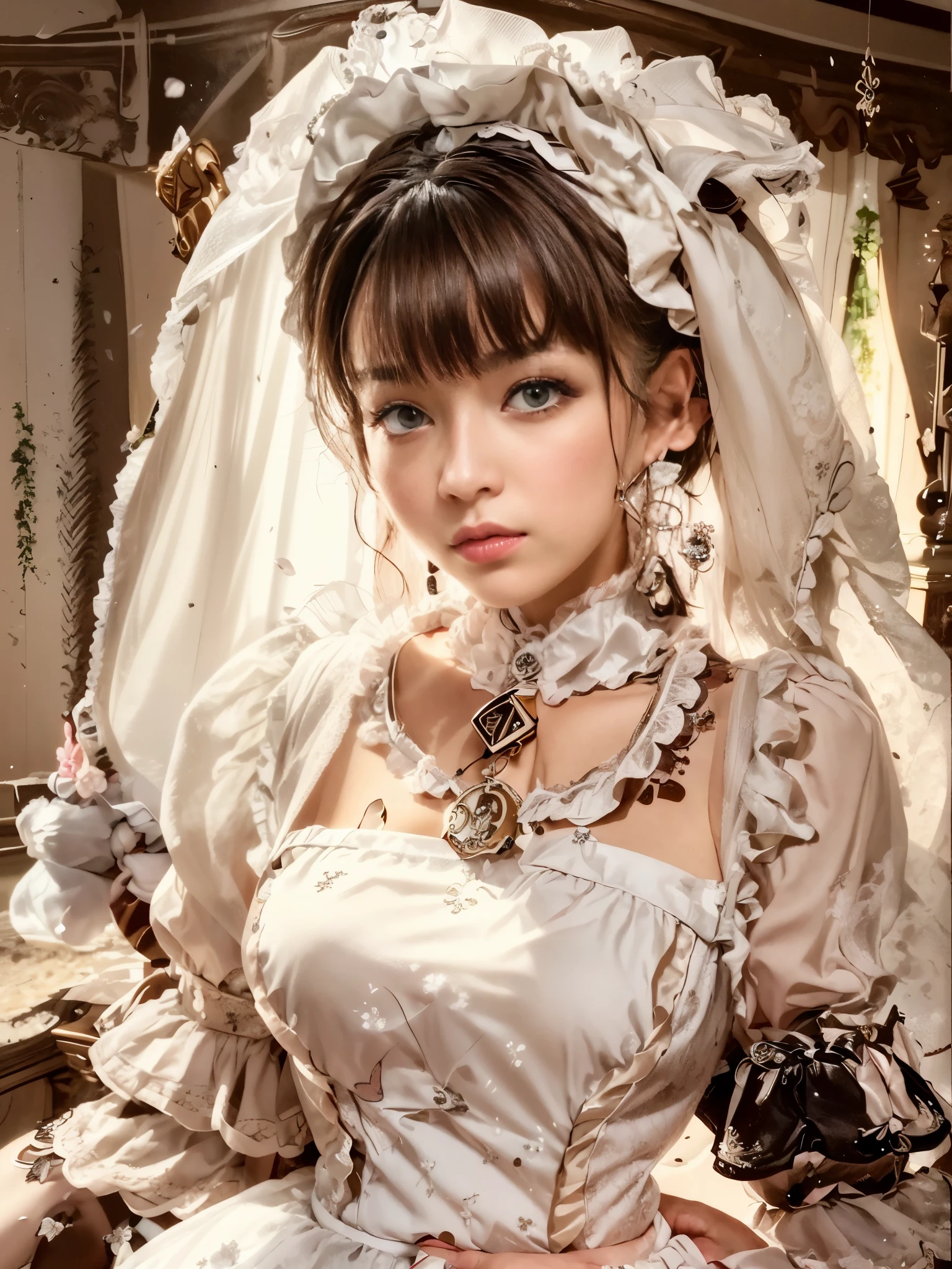 There is a woman in a pink dress and a white veil, magical lolita girl portrait, rococo cyberpunk, Portrait of a radical lolita girl, sakimichan frank franzzeta, cute realistic portrait, Guviz style artwork, magical girl portrait, lolita portrait, cosplay of a catboy! maid! dress, change