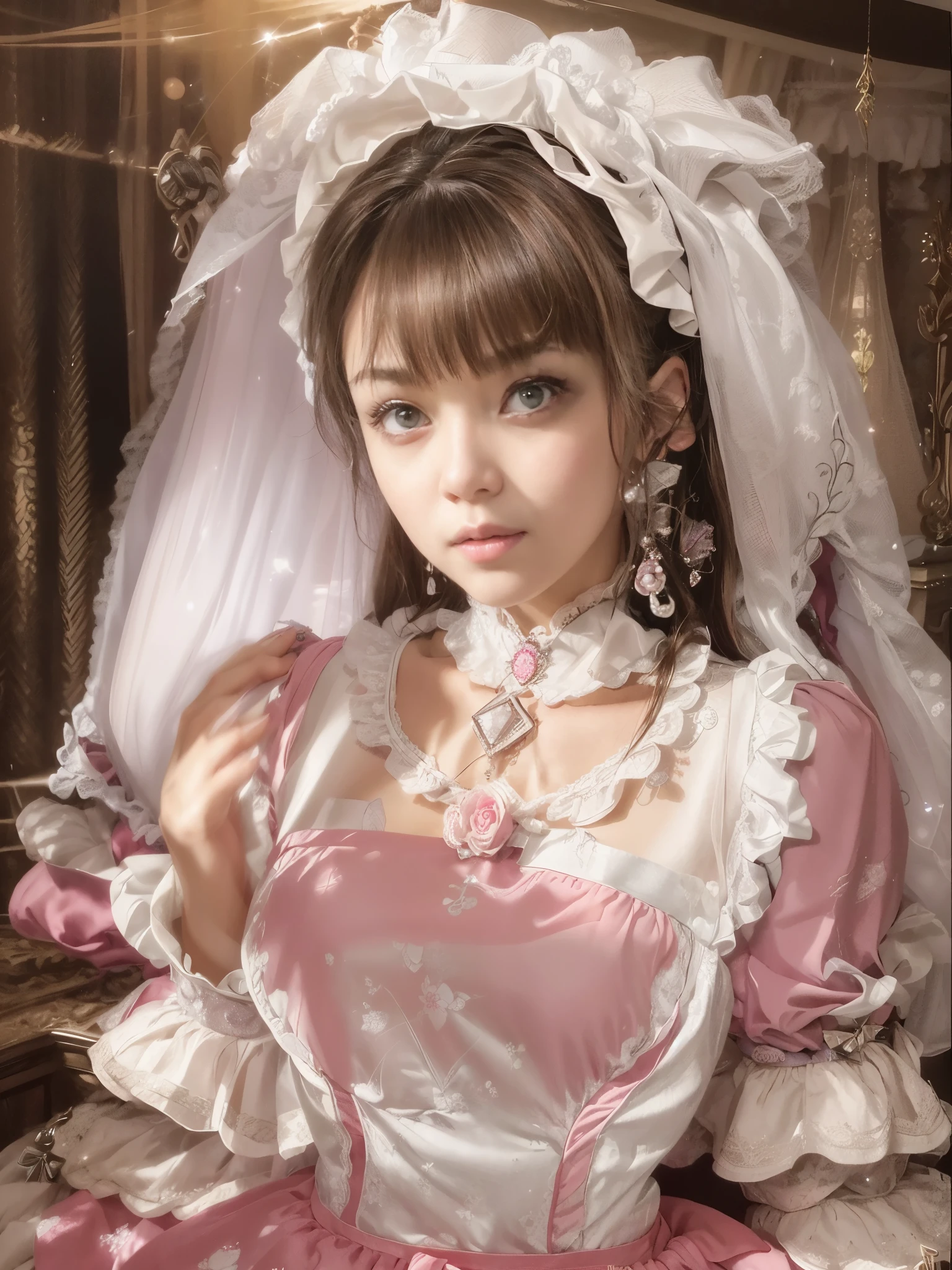 There is a woman in a pink dress and a white veil, magical lolita girl portrait, rococo cyberpunk, Portrait of a radical lolita girl, sakimichan frank franzzeta, cute realistic portrait, Guviz style artwork, magical girl portrait, lolita portrait, cosplay of a catboy! maid! dress, change