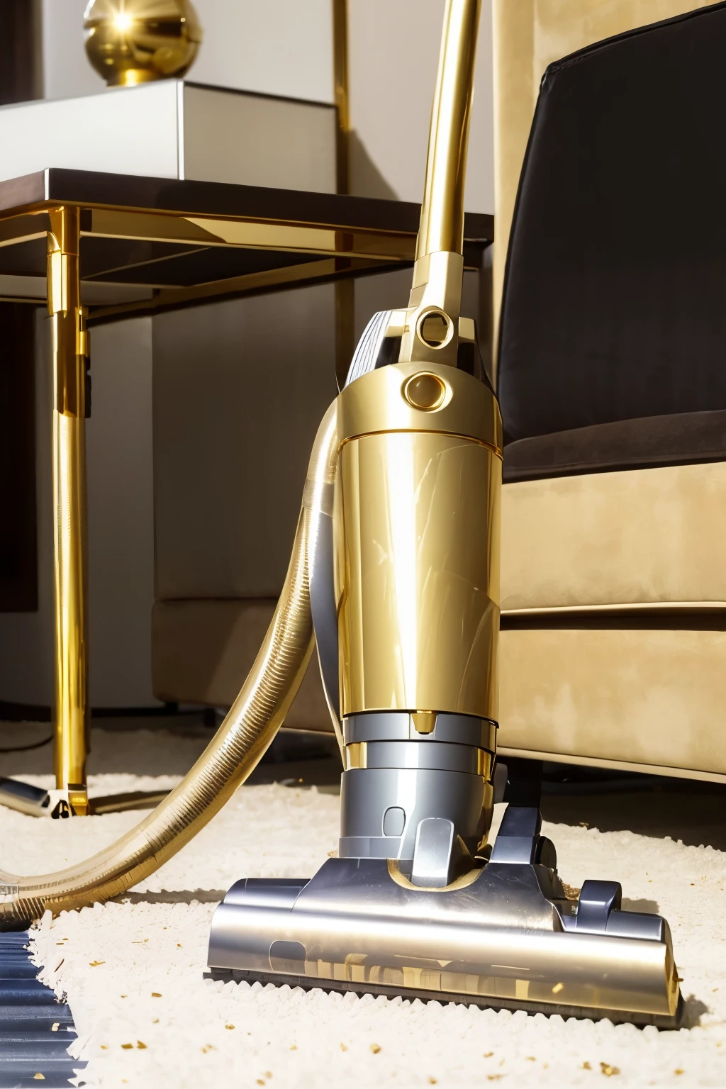 (Luxurious, Gold vacuum cleaner: 1.4), (Meticulously crafted: 1.3), ((Glistening, Shiny gold surface: 1.2)), Advanced technology: 1.2, Sleek design: 1.2, Picks up dust particles efficiently: 1.1, (Detailed, High-resolution image: 1.3), Engineered to perfection: 1.2, Elegant: 1.1, Innovative: 1.1, Highly functional: 1.1, Superior performance: 1.1, Ultra-modern: 1.1.