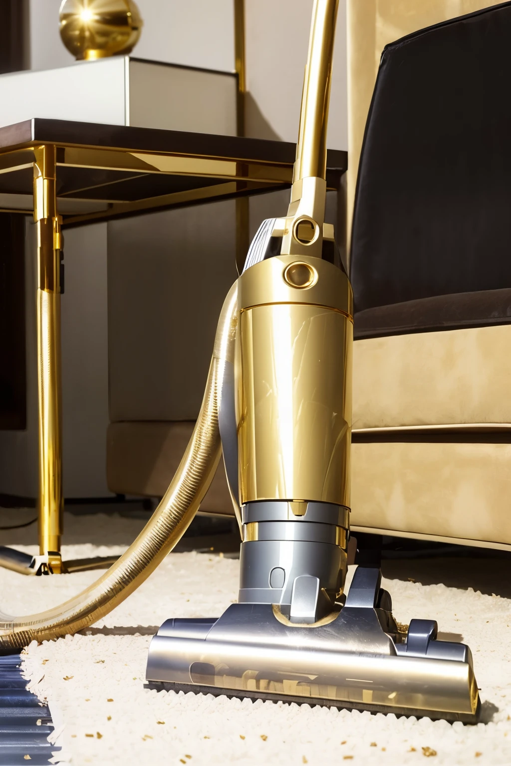 (Luxurious, Gold vacuum cleaner: 1.4), (Meticulously crafted: 1.3), ((Glistening, Shiny gold surface: 1.2)), Advanced technology: 1.2, Sleek design: 1.2, Picks up dust particles efficiently: 1.1, (Detailed, High-resolution image: 1.3), Engineered to perfection: 1.2, Elegant: 1.1, Innovative: 1.1, Highly functional: 1.1, Superior performance: 1.1, Ultra-modern: 1.1.