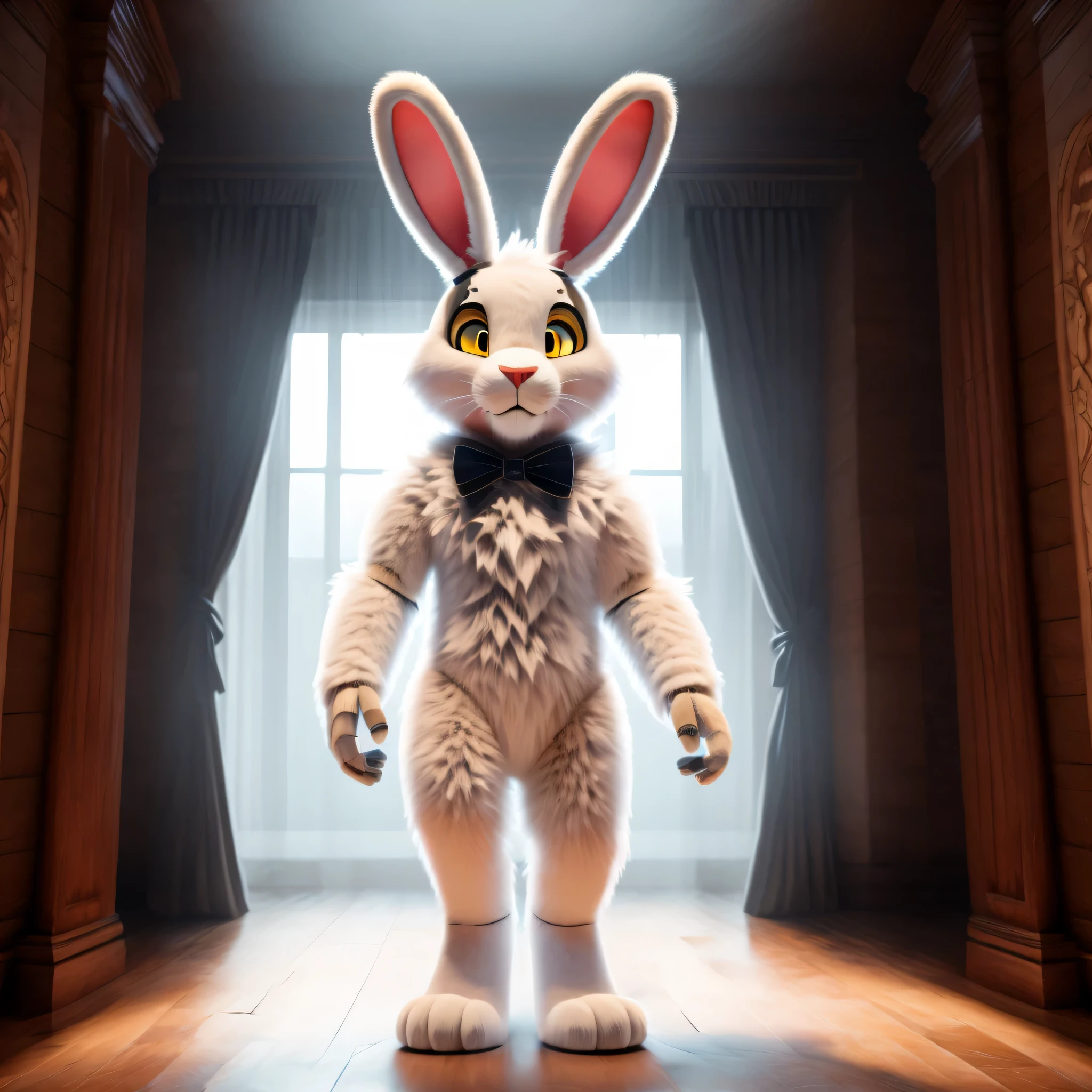 A 7 foot tall animatronic male white rabbit with yellow eyes. 8k HD, hdr, masterpiece, full body, ultra detailed eyes, ultra detailed body, ultra detailed face,

