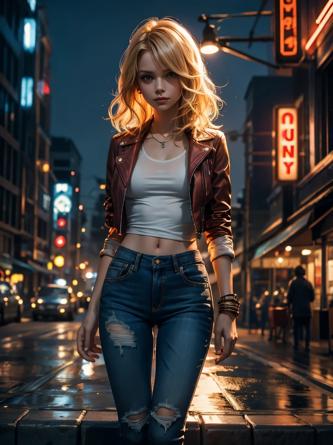 A girl with short wavy blonde hair , blonde and red streaks ,  year , torn jeans, white see through t-shirt , (leather jacket ) , (slim figur , small breast) , slender, city at night , Neon lights reflects in water, surrealism , in 1950:s style 