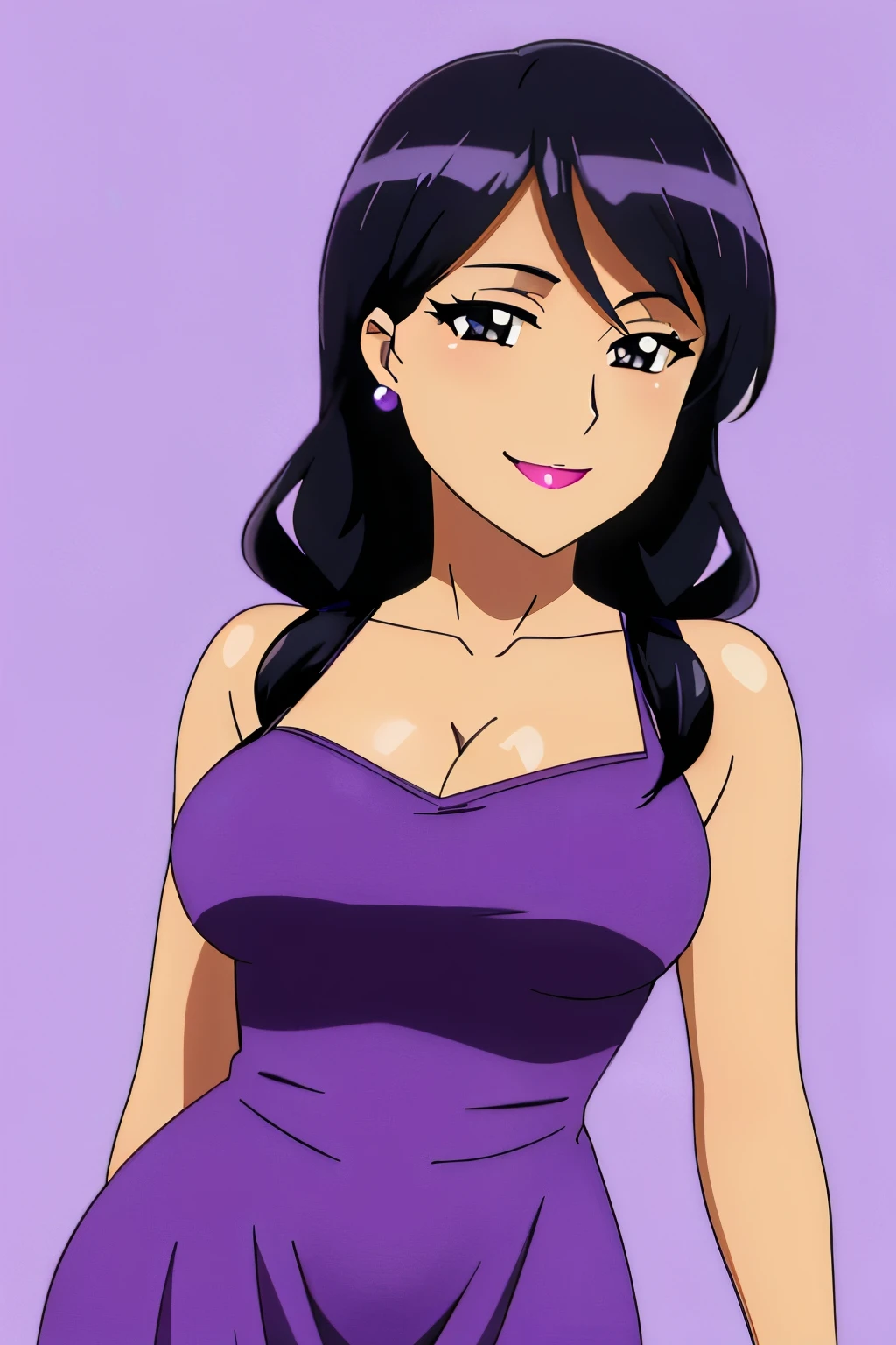 bonnie,black hair,black eyes,lipstick, small round earrings,purple dress,cleavage,huge breasts, smile, standing,upper body(insanely detailed, beautiful detailed face, masterpiece,best quality),
