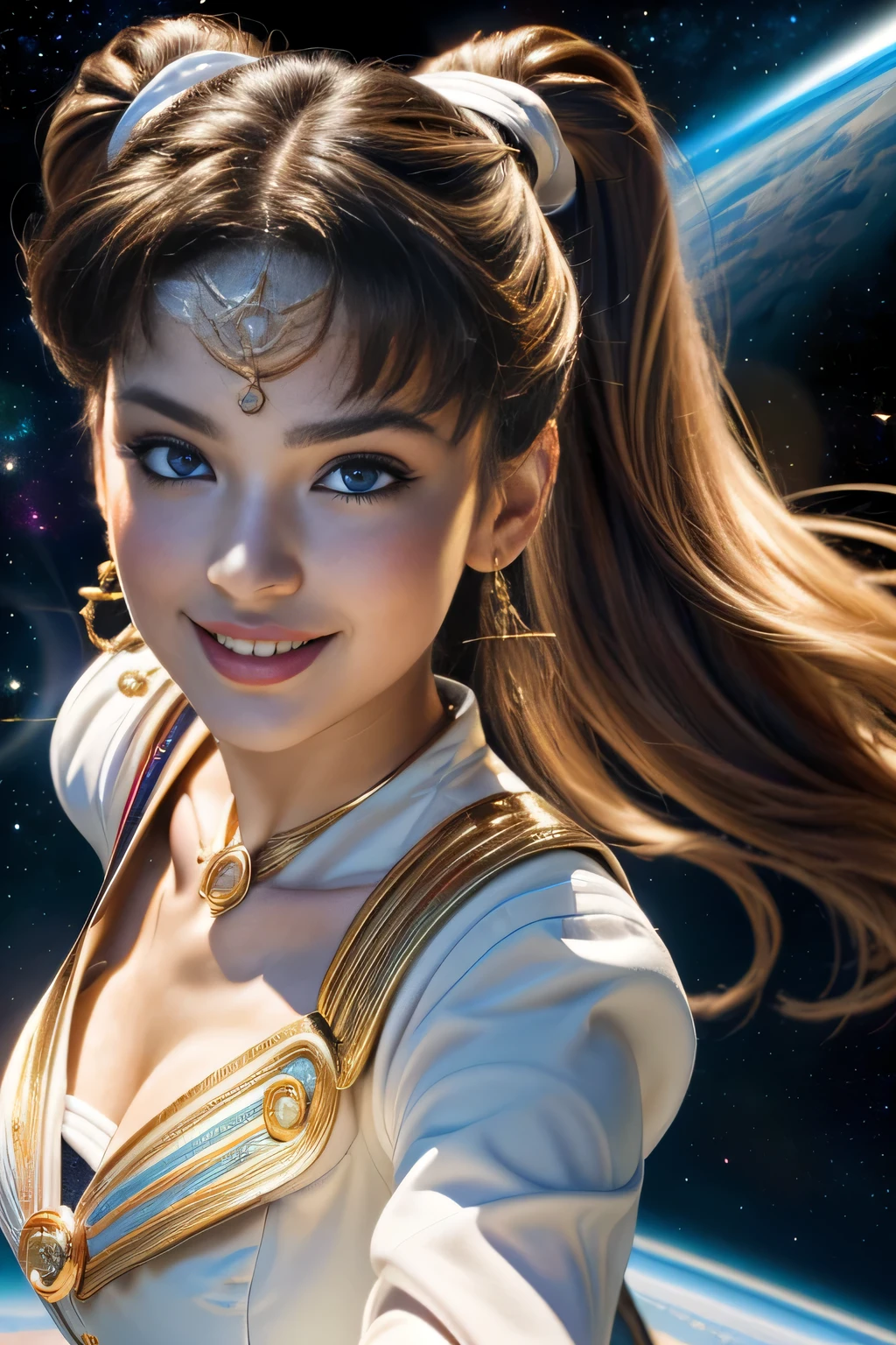 ((close up of face)), (Highly detailed CG Unity 8K wallpaper, masterpiece, 最high quality), (exquisite light and shadow, Very dramatic pictures, cinematic lens effects), (sailor moon), delicate features, plump body, double ponytail, blue eyes, long blonde hair, tight top, white gloves, mini skirt, black stockings, dynamic pose), ((The background is space)), (excellent details, excellent lighting, wide angle), (Excellent rendering is、Enough to stand out in class), pieces fly, 最high quality, Super detailed, masterpiece, 最high quality, high quality, High resolution、unparalleled beauty、((Complex and colorful costumes))、Mr.々movement pose、smile、(((close up of face)))、