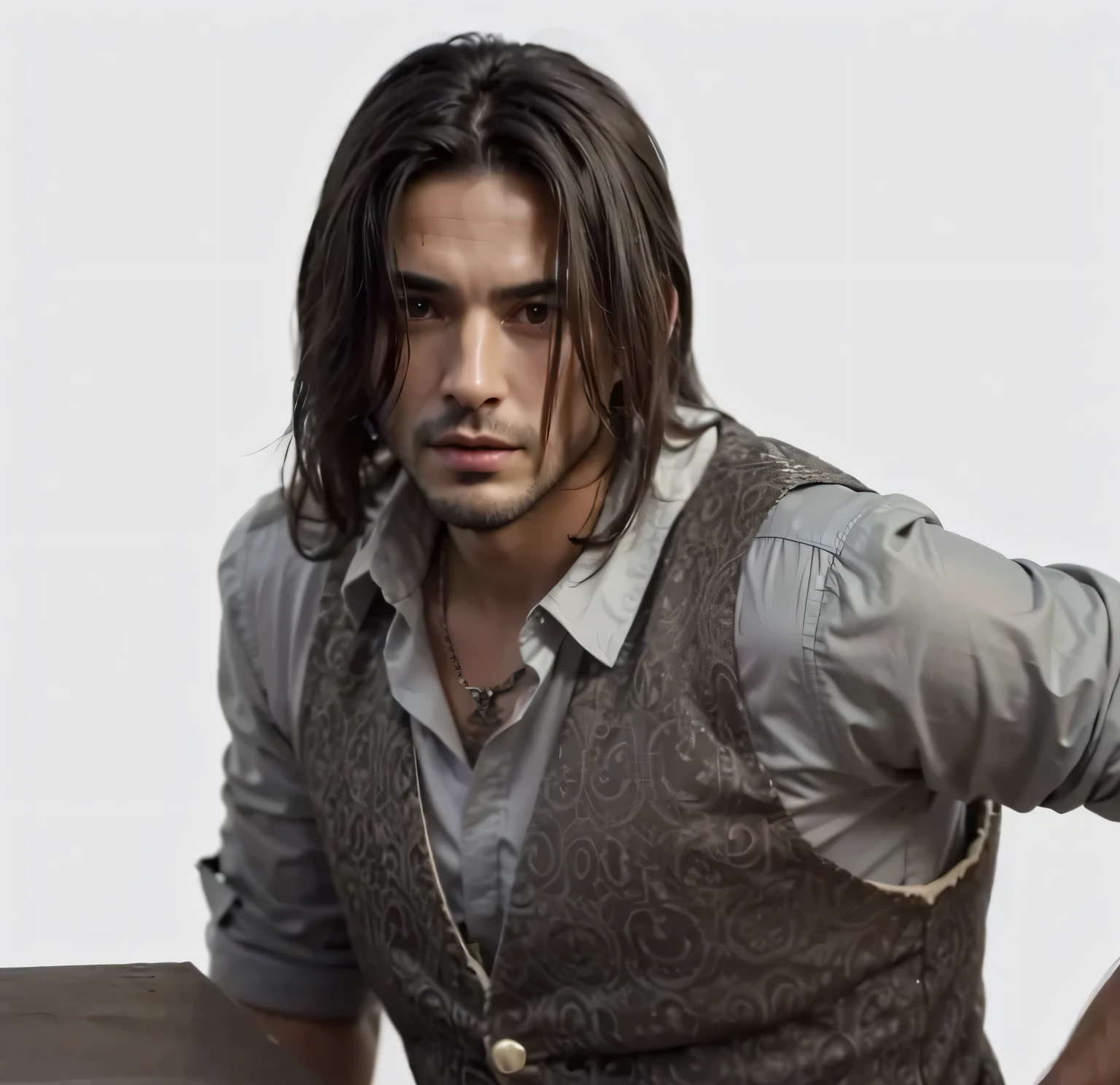 handsome spanish man with long black hair, white shirt, white vest
