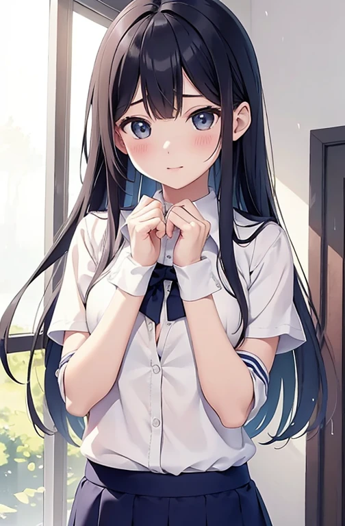 (((best image quality、8K、woman)))、((high school girl、Sex、cute、beautiful girl))、((wearing a uniform、flipping up the skirt、pantsが見えてる)、lewd、pants、panties、Flipping up the skirt with your own hands、Facing the front and looking down、Grabbing a skirt with your own hands、random、squat、Upper body is wet、bra、