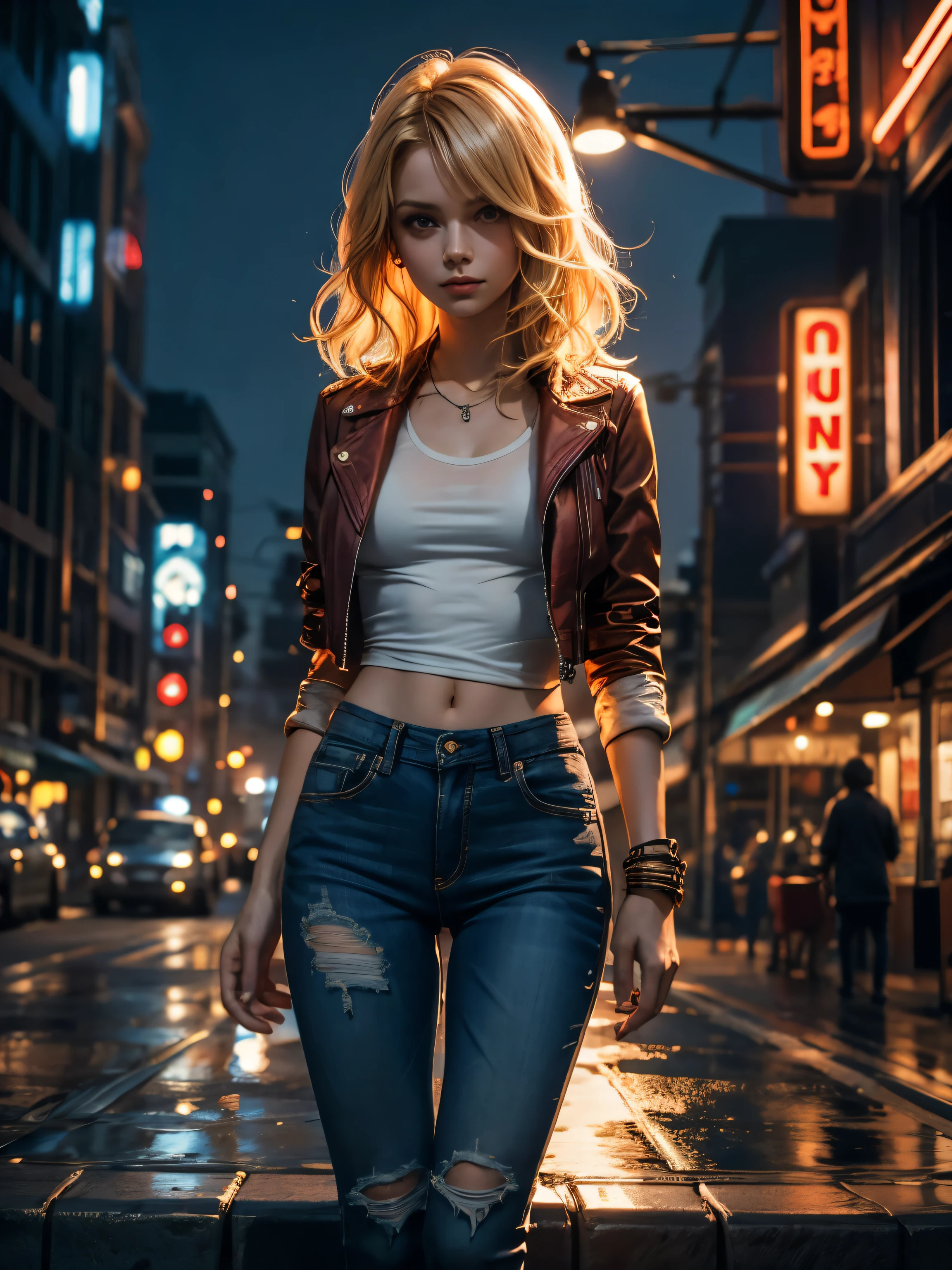 A girl with short wavy blonde hair , blonde and red streaks ,  year , torn jeans, white see through t-shirt , (leather jacket ) , (slim figur , small breast) , slender, city at night , Neon lights reflects in water, surrealism , in 1950:s style 