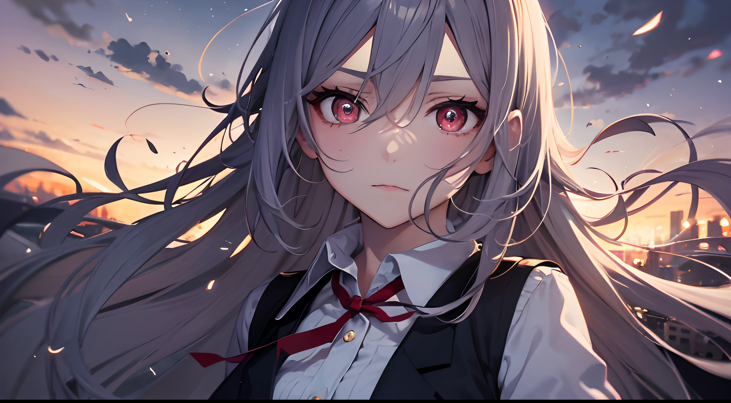 (masutepiece), Red pupils, Very cute girl vampire, Cute, deep in the night, Windswept and cloudy, Overlooking a high perspective, in night, Light floating above the sky.