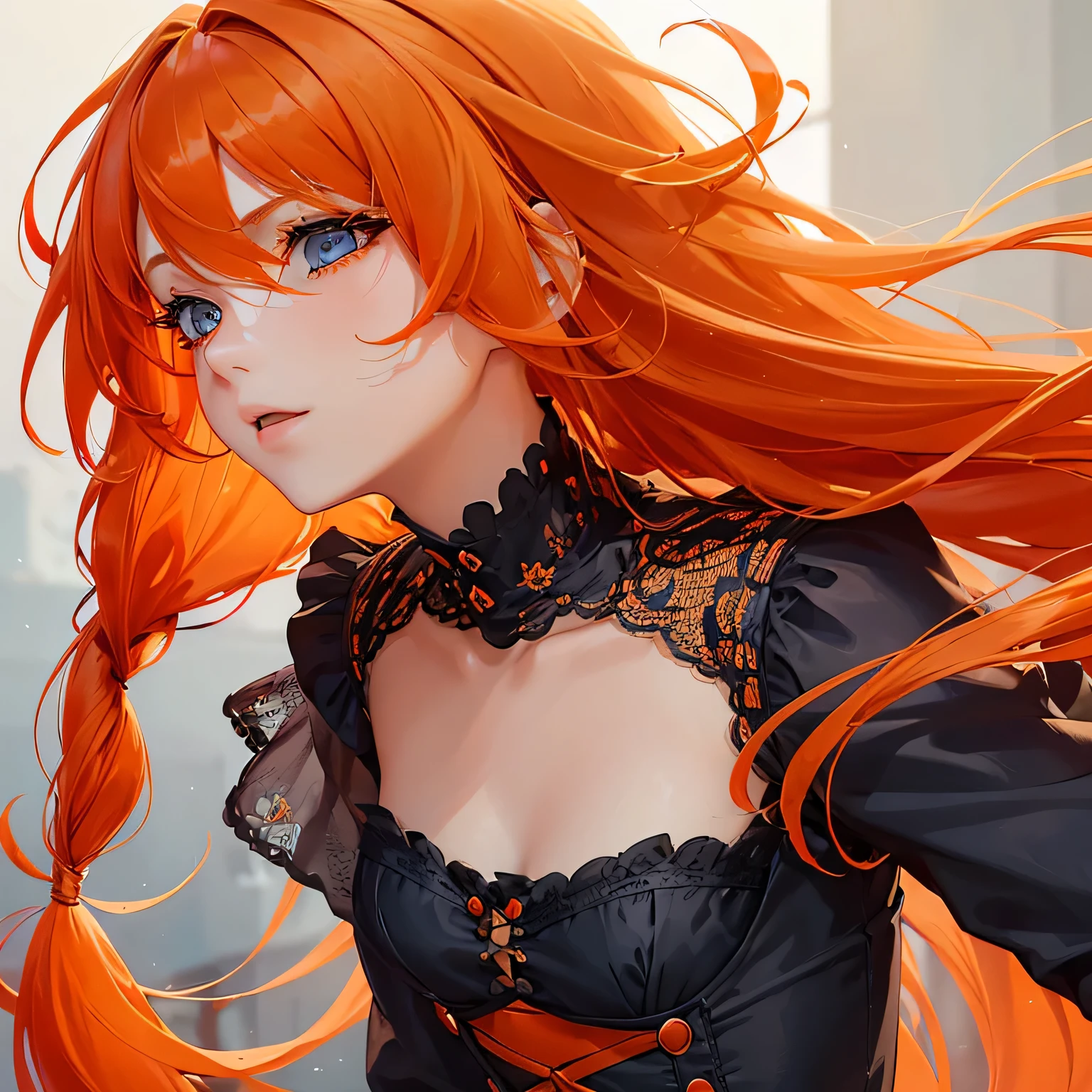 1 girl,Depp's Sense,confused,catch light,Super beautiful illustration,(orange hair,long hairstyles:1.6),turn around,eye shadow,(Red clothes,Gothic Lolita),Upper body,;d,beautiful and delicate flowing hair,delicate and detailed blue eyes,emphasized chest