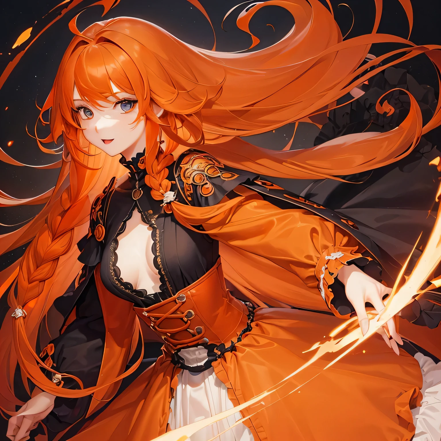 1 girl,Depp's Sense,confused,catch light,Super beautiful illustration,(orange hair,long hairstyles:1.6),turn around,eye shadow,(Red clothes,Gothic Lolita),Upper body,;d,beautiful and delicate flowing hair,delicate and detailed blue eyes,emphasized chest