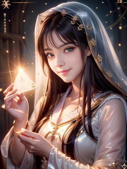 Mysterious woman doing tarot reading,Tarot Reading,cute face, straight hair, shiny hair,brown hair,veiled hair, white veil,Medieval mystery clothes,Mysterious fortune teller,Mysterious hermit,White Magician,magical lights,gentle smile,red eyes,red glowing eyes,magic,Draw a card,It's dark around,A woman who shines faintly