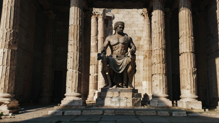 8k, RAW photo, Fujifilm, style photo of a dark landscape image of an ancient greek society deeply connected to stoicism, black and white, ancient greek architecture, include one single big statue of a stereotypical strong greek man, marcus aurelius