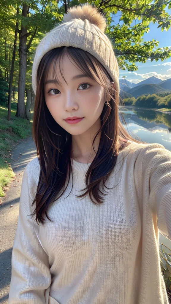 realistic, highest quality, very detailed, Beautiful woman, selfie photo, Upper body, alone, Wearing a pullover, outdoor, (noon), Mountain, real nature, performer, sun, (Hilarious, Happy), sleeping bag, gloves, sweater, beanie, flashlight, forest, rock, river, wood, cigarette, fog, sunny, analog style, looking at the viewer, skin texture, film grain, close, ultra high resolution, best shadow, born, Instagram LUT