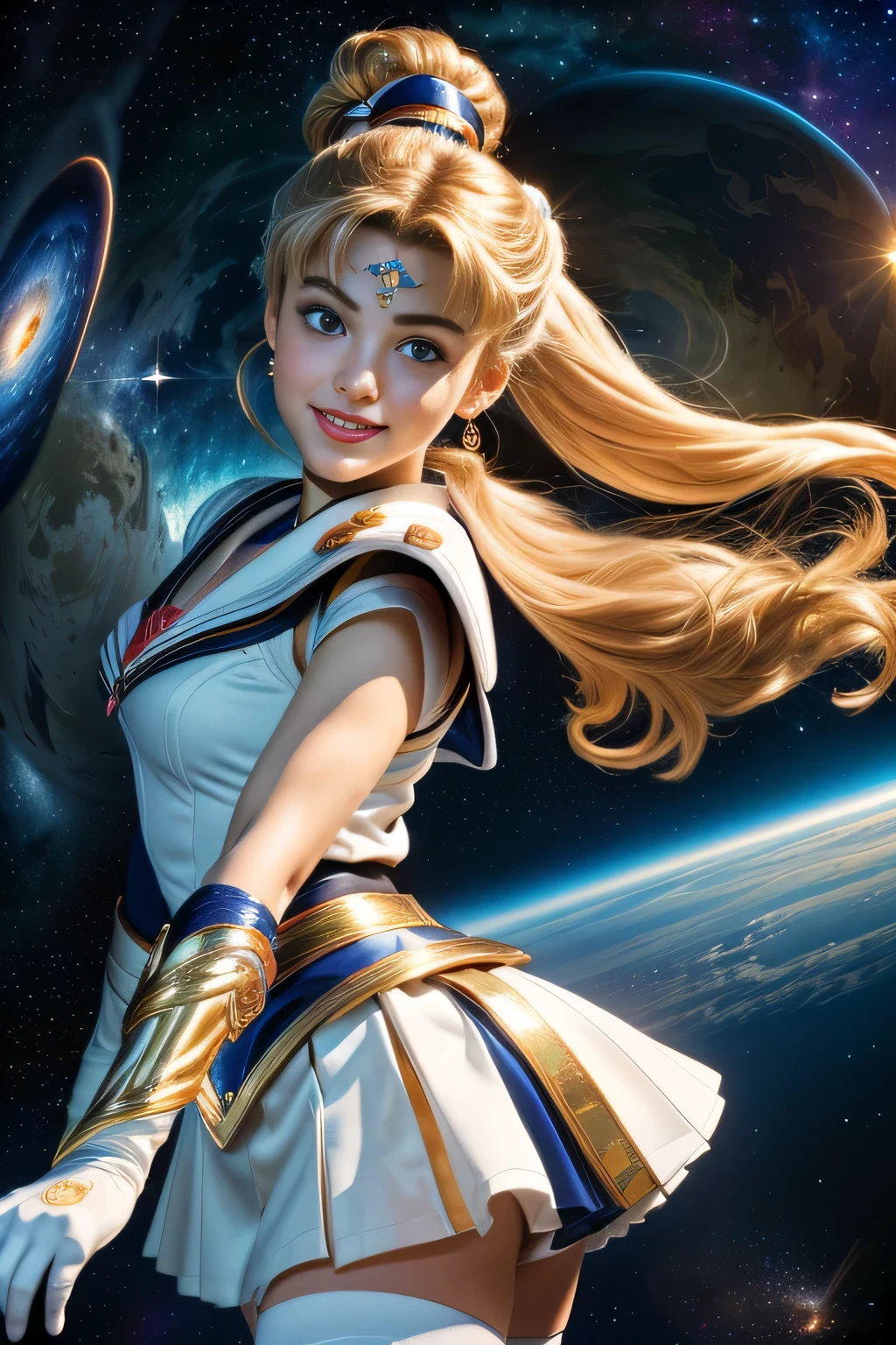 ((close up of face)), (Highly detailed CG Unity 8K wallpaper, masterpiece, 最high quality), (exquisite light and shadow, Very dramatic pictures, cinematic lens effects), (sailor moon), delicate features, plump body, double ponytail, blue eyes, long blonde hair, tight top, white gloves, mini skirt, black stockings, dynamic pose), ((The background is space)), (excellent details, excellent lighting, wide angle), (Excellent rendering is、Enough to stand out in class), pieces fly, 最high quality, Super detailed, masterpiece, 最high quality, high quality, High resolution、unparalleled beauty、((Complex and colorful costumes))、Mr.々movement pose、smile、(((close up of face)))、