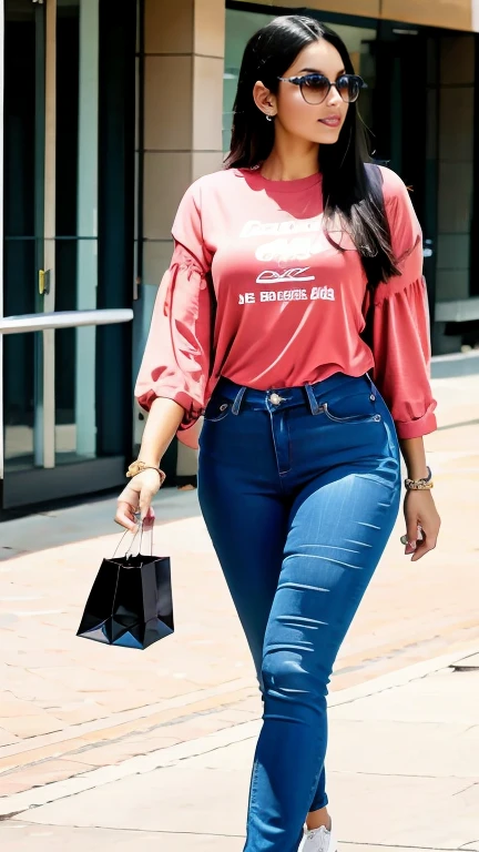 full body detailed image of a tall slender built African American woman walking through the Lennox mall in Miami carrying shopping bags. Wearing tight jeans and and pink Gucci shirt and shades. Her straight black hair is pulled up in a tight ponytail. Cinematic, displaying richness