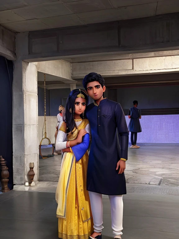 Young indian man and woman, man wearing black kurta and white pajama, woman wearing yellow lehenga with multicolour chunni, man looking at camera, woman looking at side, womans hand near her head, man and woman standing close to each other side hug