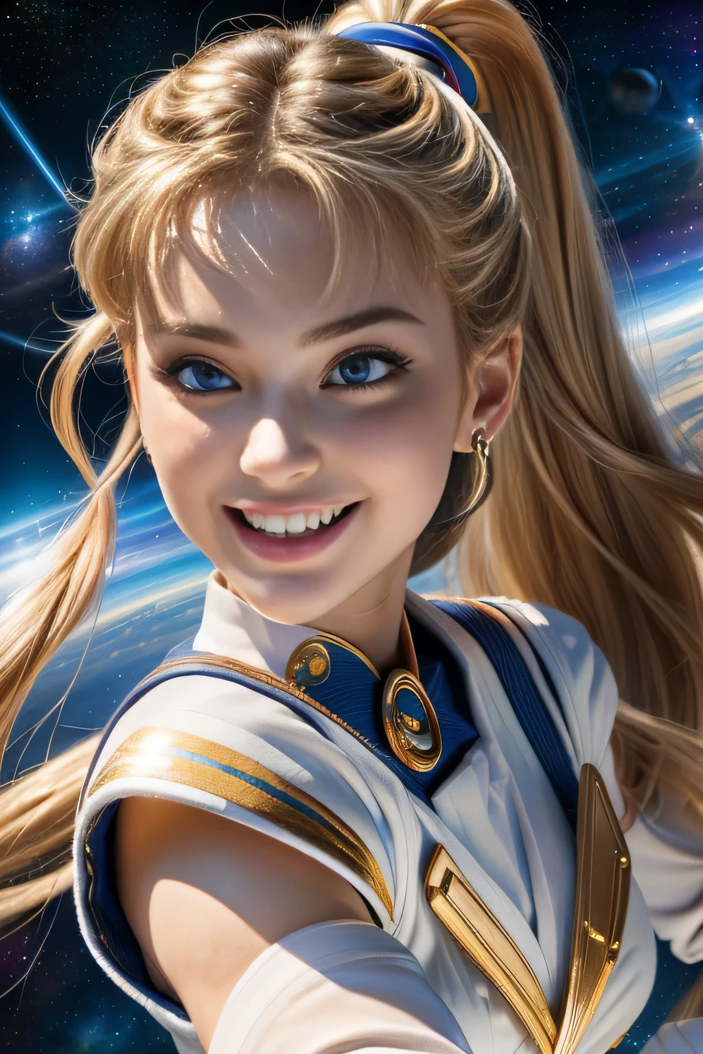 ((close up of face)), (Highly detailed CG Unity 8K wallpaper, masterpiece, 最high quality), (exquisite light and shadow, Very dramatic pictures, cinematic lens effects), (sailor moon), delicate features, plump body, double ponytail, blue eyes, long blonde hair, tight top, white gloves, mini skirt, black stockings, dynamic pose), ((The background is space)), (excellent details, excellent lighting, wide angle), (Excellent rendering is、Enough to stand out in class), pieces fly, 最high quality, Super detailed, masterpiece, 最high quality, high quality, High resolution、unparalleled beauty、((Complex and colorful costumes))、Mr.々movement pose、smile、(((close up of face)))、