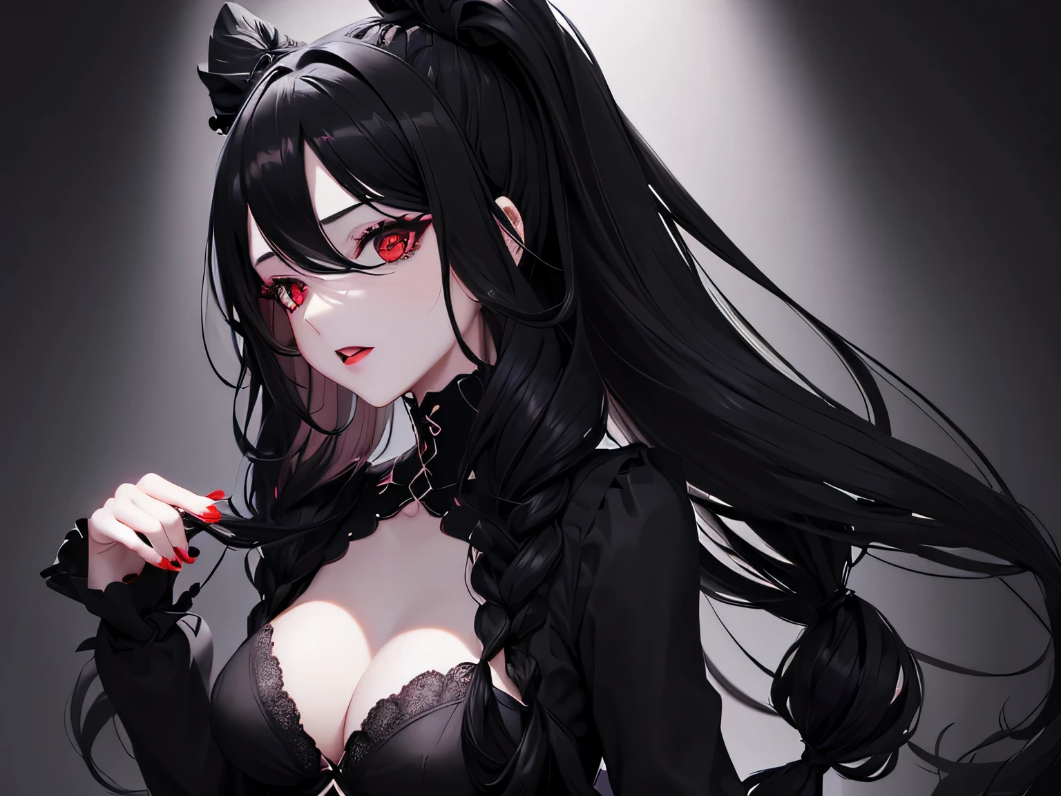 1 girl,Depp's Sense,confused,catch light,Super beautiful illustration,(black color,long hairstyles:1.6),turn around,Dark black eyeshadow,bright red lipstick,Gothic Lolita,Upper body,;d,beautiful and delicate flowing hair,delicate and detailed red eyes,emphasized chest,big breasts